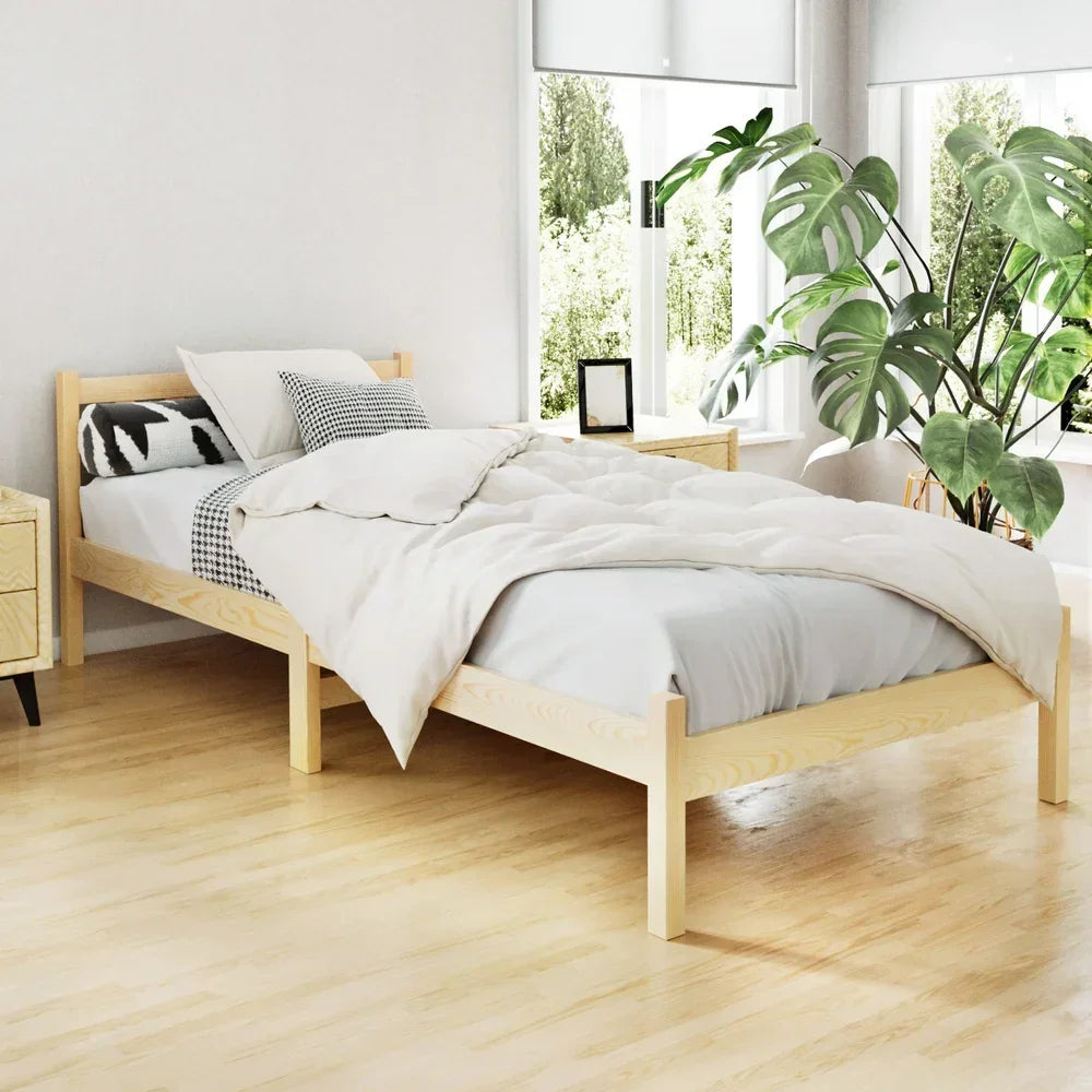 Artiss Single Wooden Bed Frame Oak Solid Pine Timber Platform Bed with Headboard