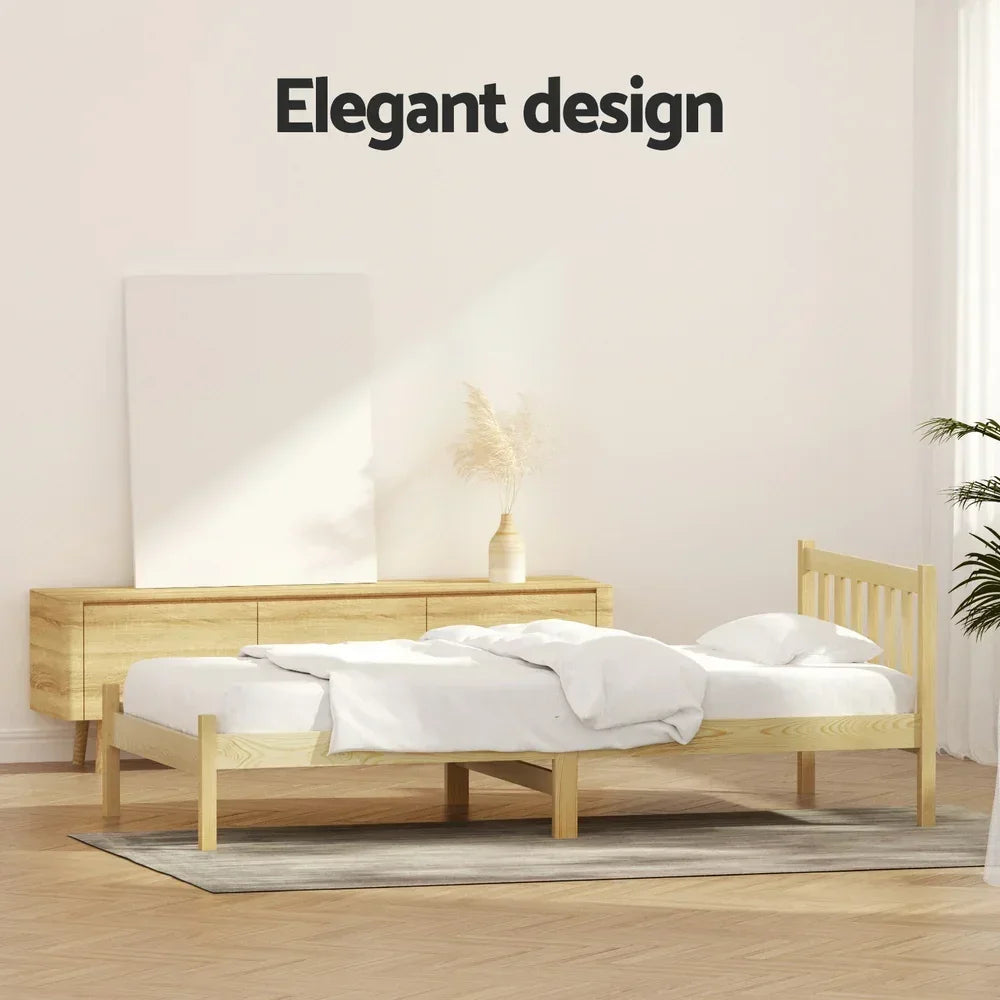 Artiss Single Wooden Bed Frame Oak Solid Pine Timber Platform Bed with Headboard