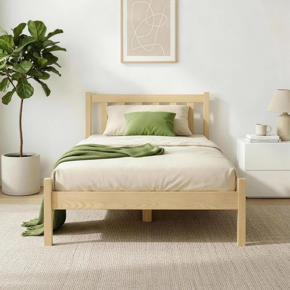 Artiss Single Wooden Bed Frame Oak Solid Pine Timber Platform Bed with Headboard