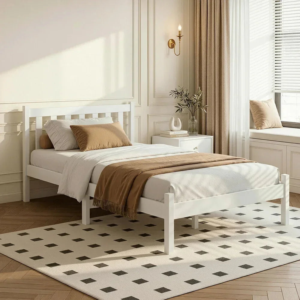 Single Bed Frame Wooden Pine Slat Base White Kids Adult
