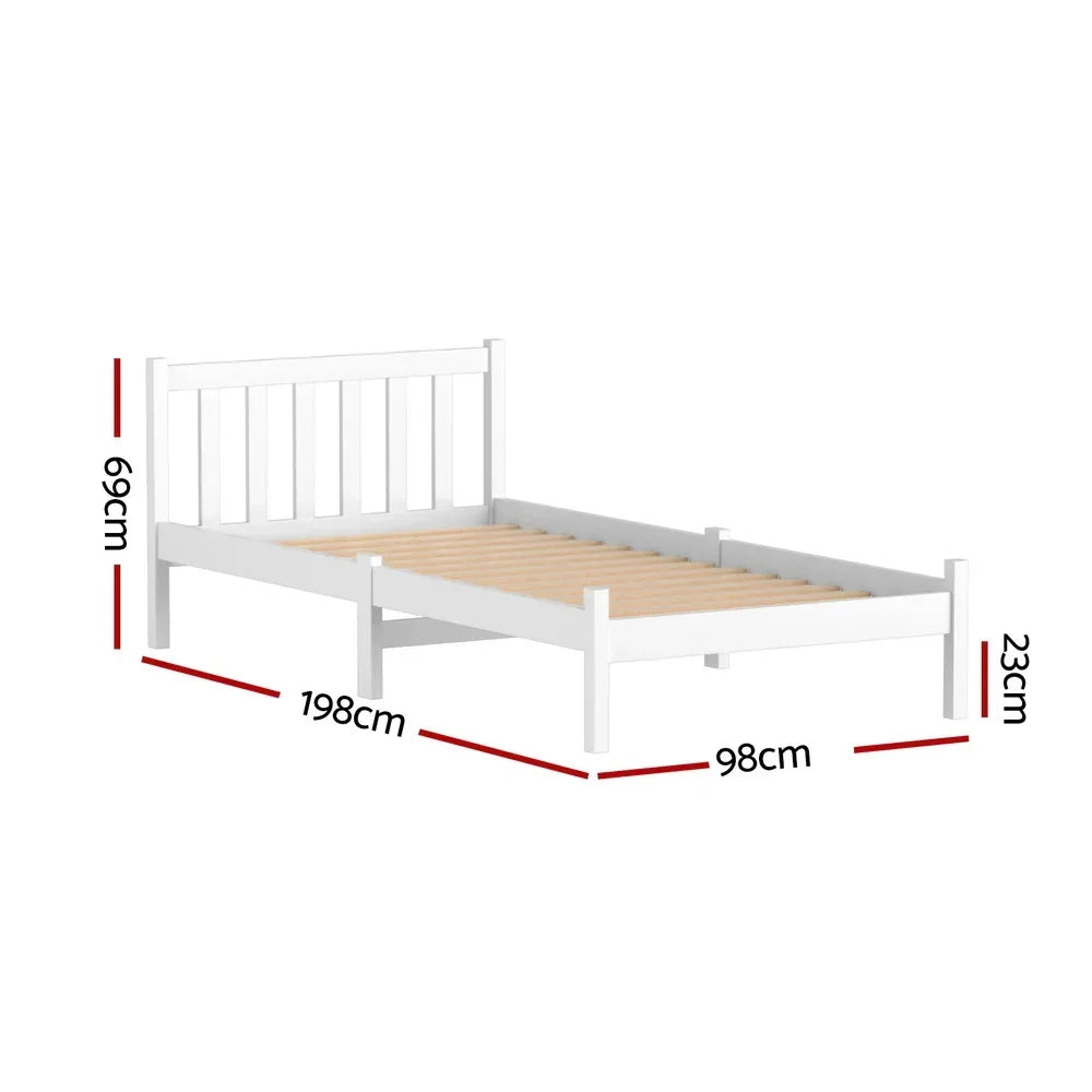 Single Bed Frame Wooden Pine Slat Base White Kids Adult