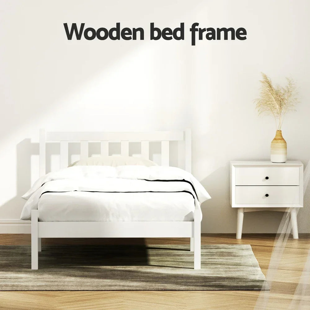 Artiss Single Bed Frame Wooden Pine Slat Base White Kids Adult