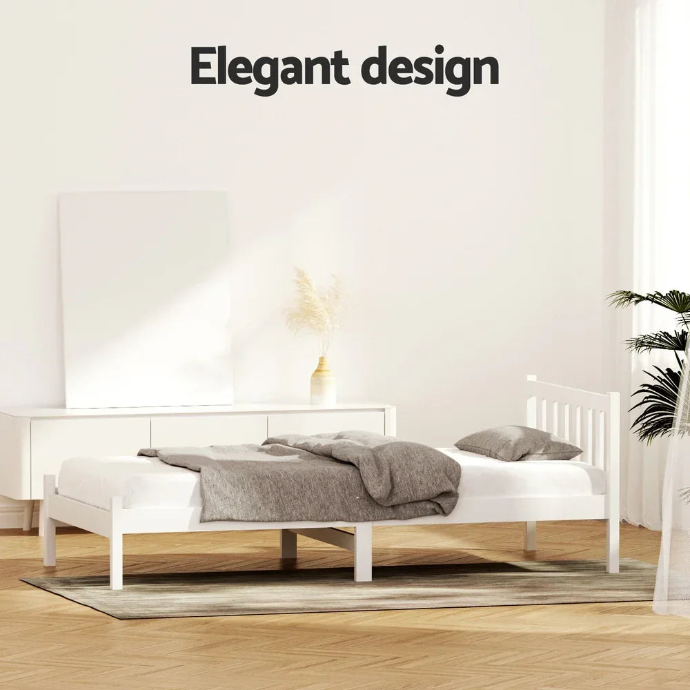 Artiss Single Bed Frame Wooden Pine Slat Base White Kids Adult
