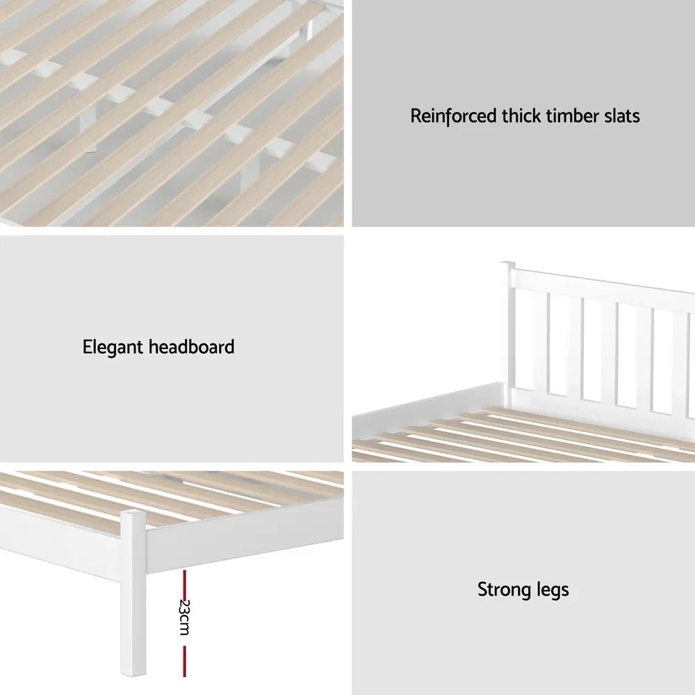 Single Bed Frame Wooden Pine Slat Base White Kids Adult