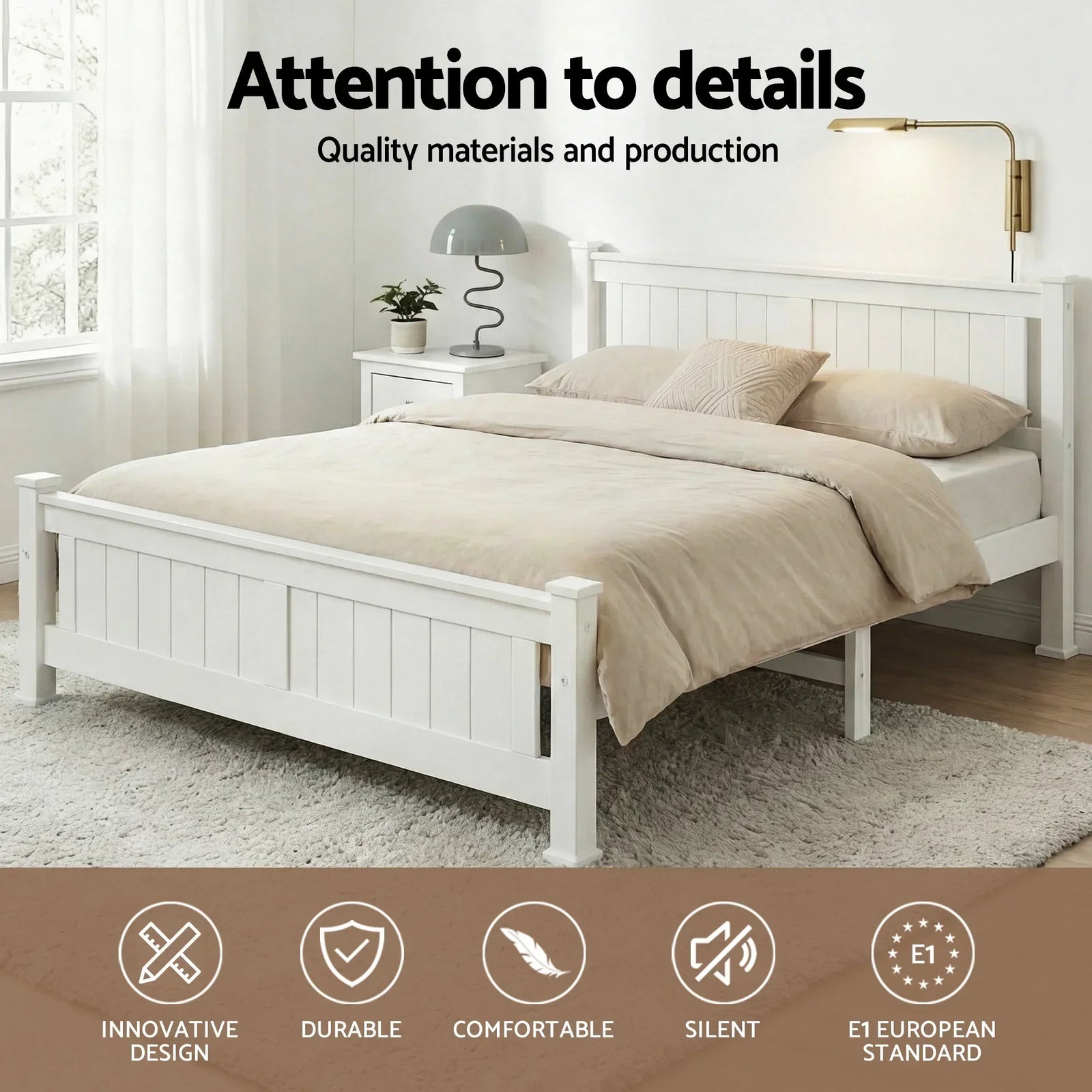 Artiss Double Bed Frame Wooden Pine Slat Base White Queen Size Style