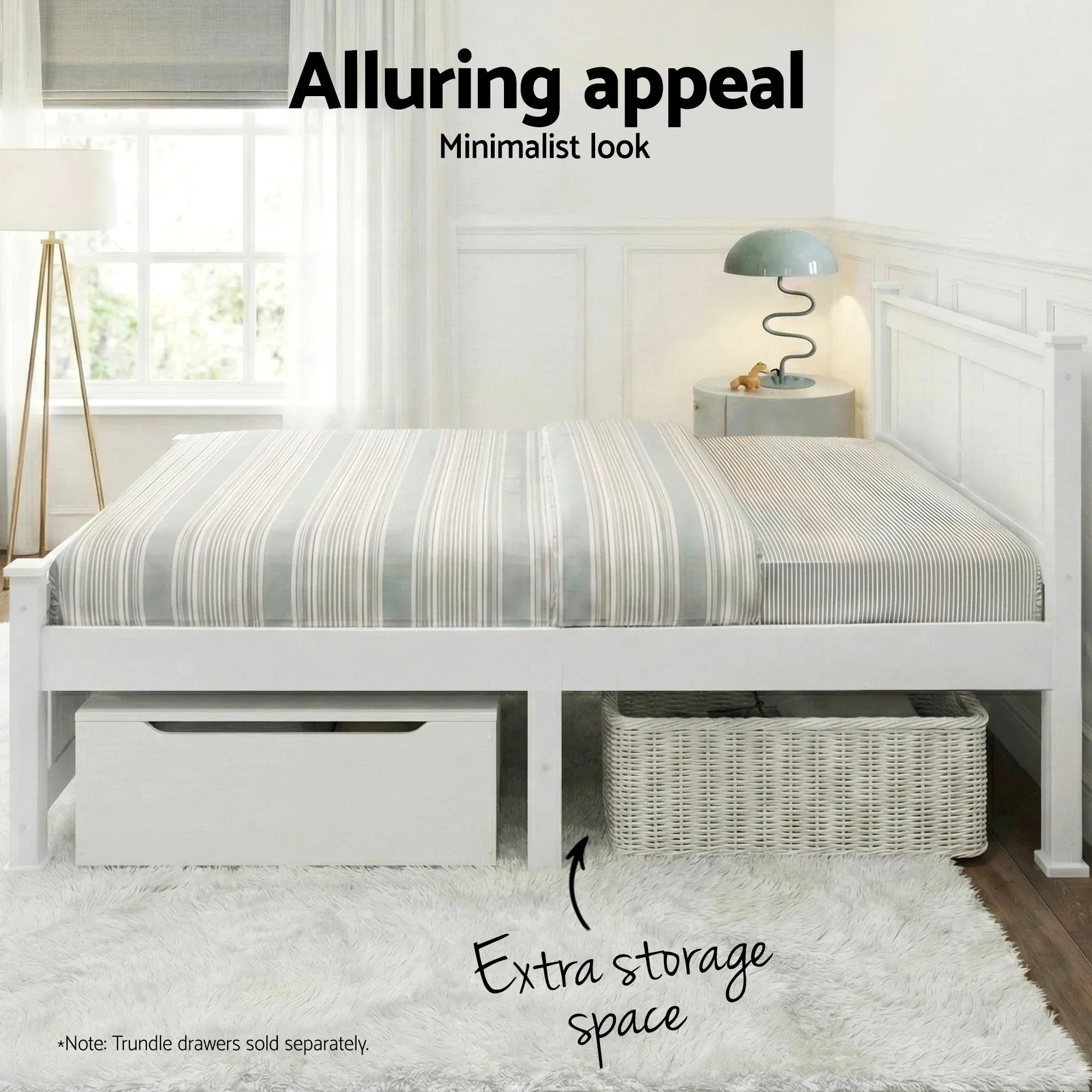 Artiss Double Bed Frame Wooden Pine Slat Base White Queen Size Style