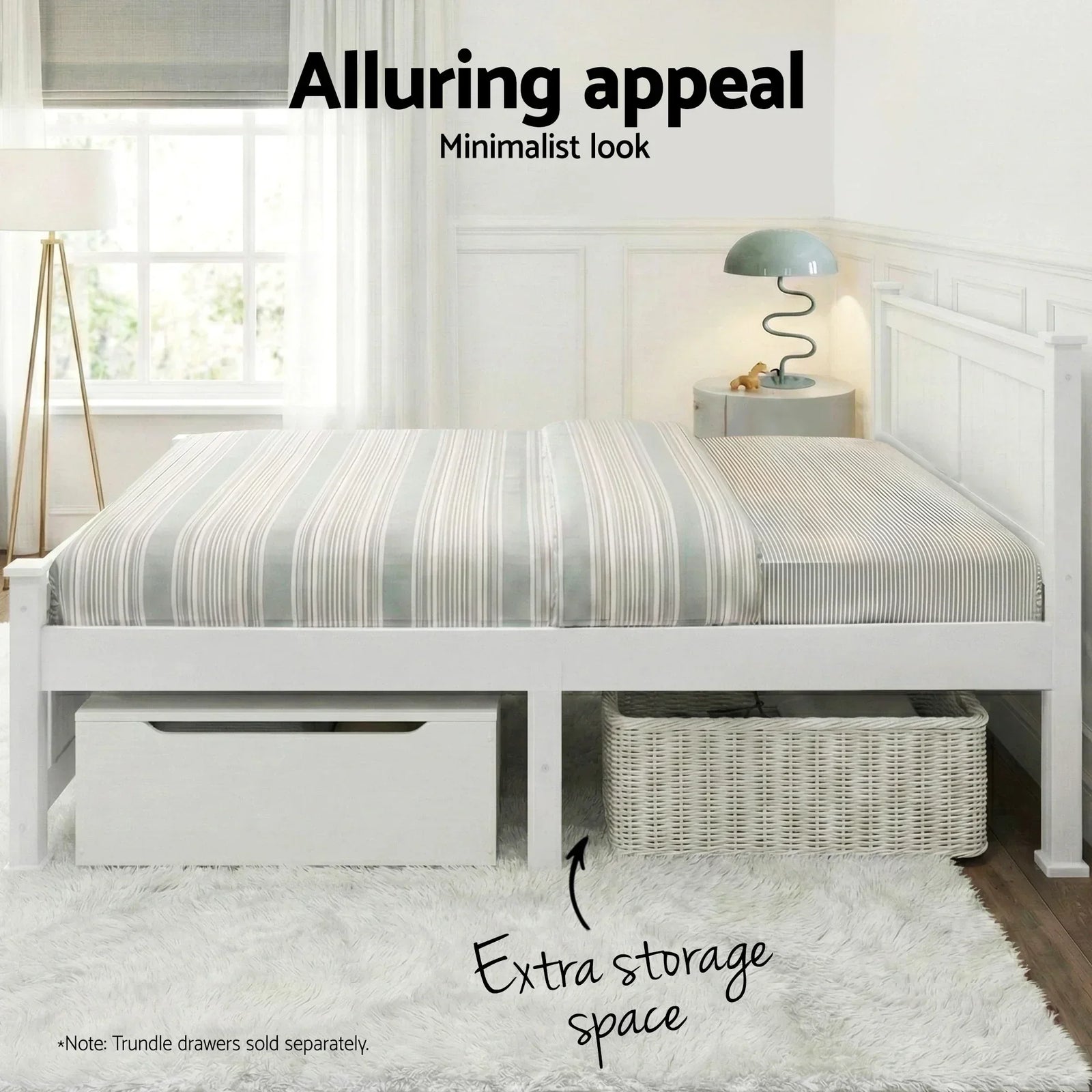 Artiss Double Bed Frame Wooden Pine Slat Base White Queen Size Style