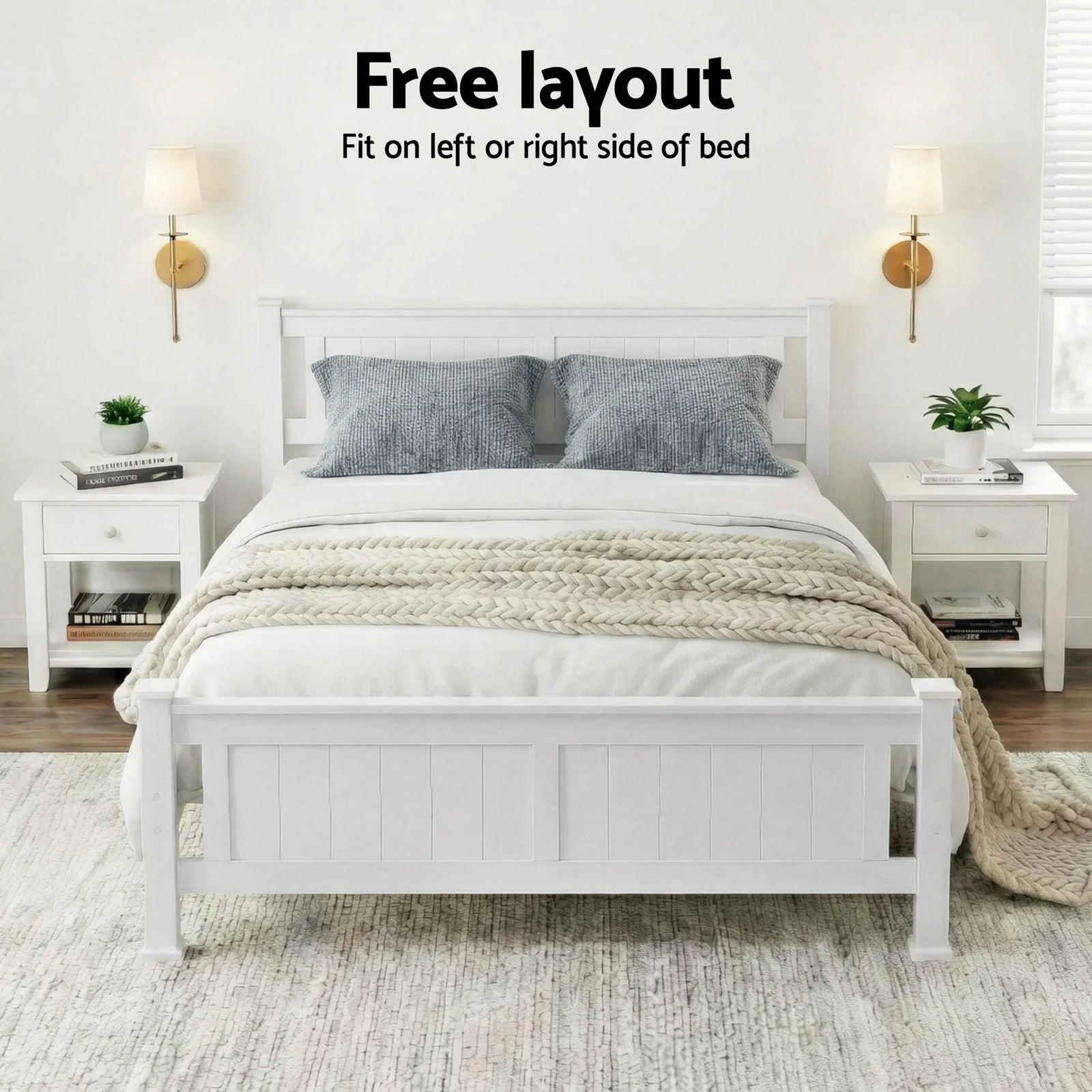Artiss Double Bed Frame Wooden Pine Slat Base White Queen Size Style
