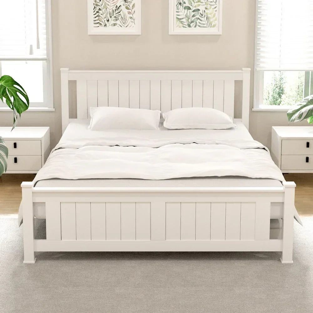 Artiss Bed Frame Queen Size Wooden Platform with 2 Storage Drawers White RIO