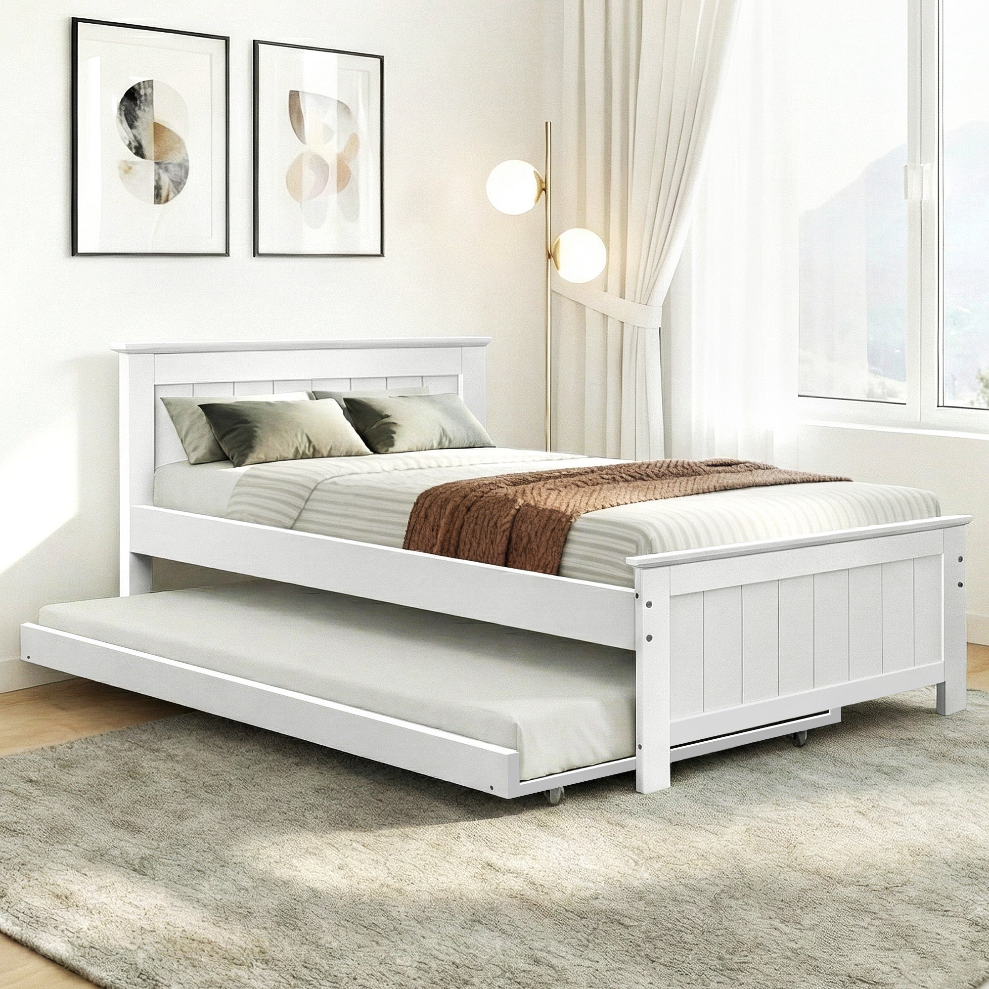 Artiss King Single Trundle Bed Frame Wooden Pull Out Guest Bed White
