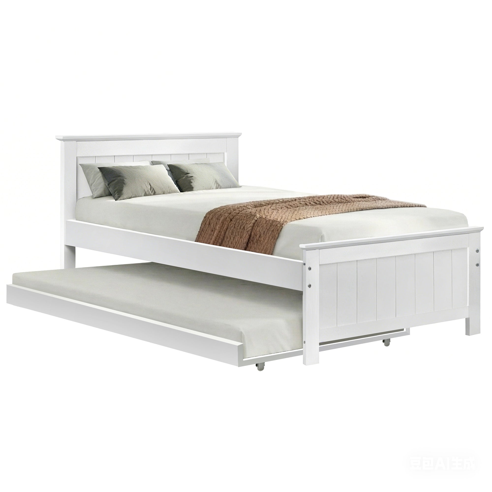 Artiss King Single Trundle Bed Frame Wooden Pull Out Guest Bed White