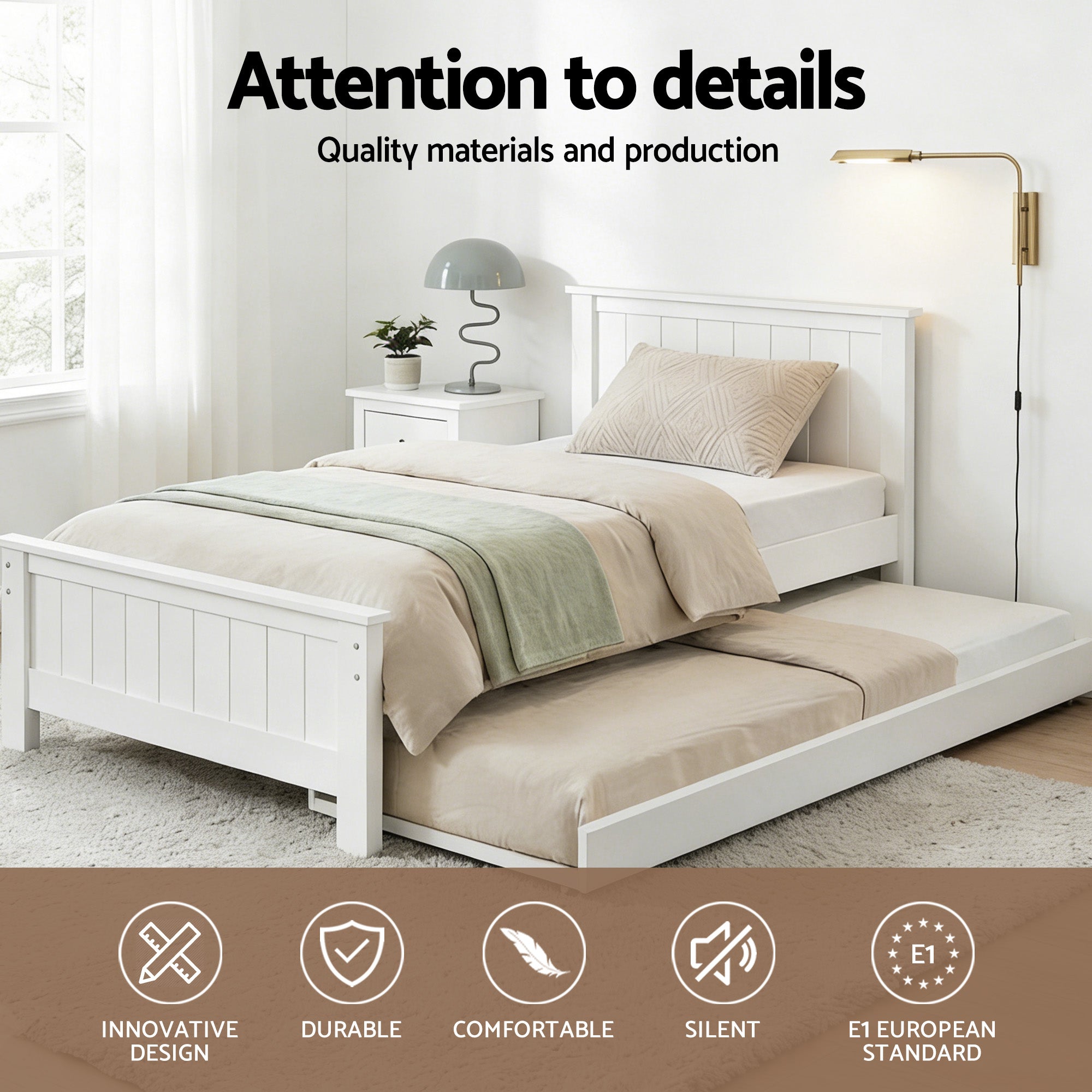 Artiss King Single Trundle Bed Frame Wooden Pull Out Guest Bed White