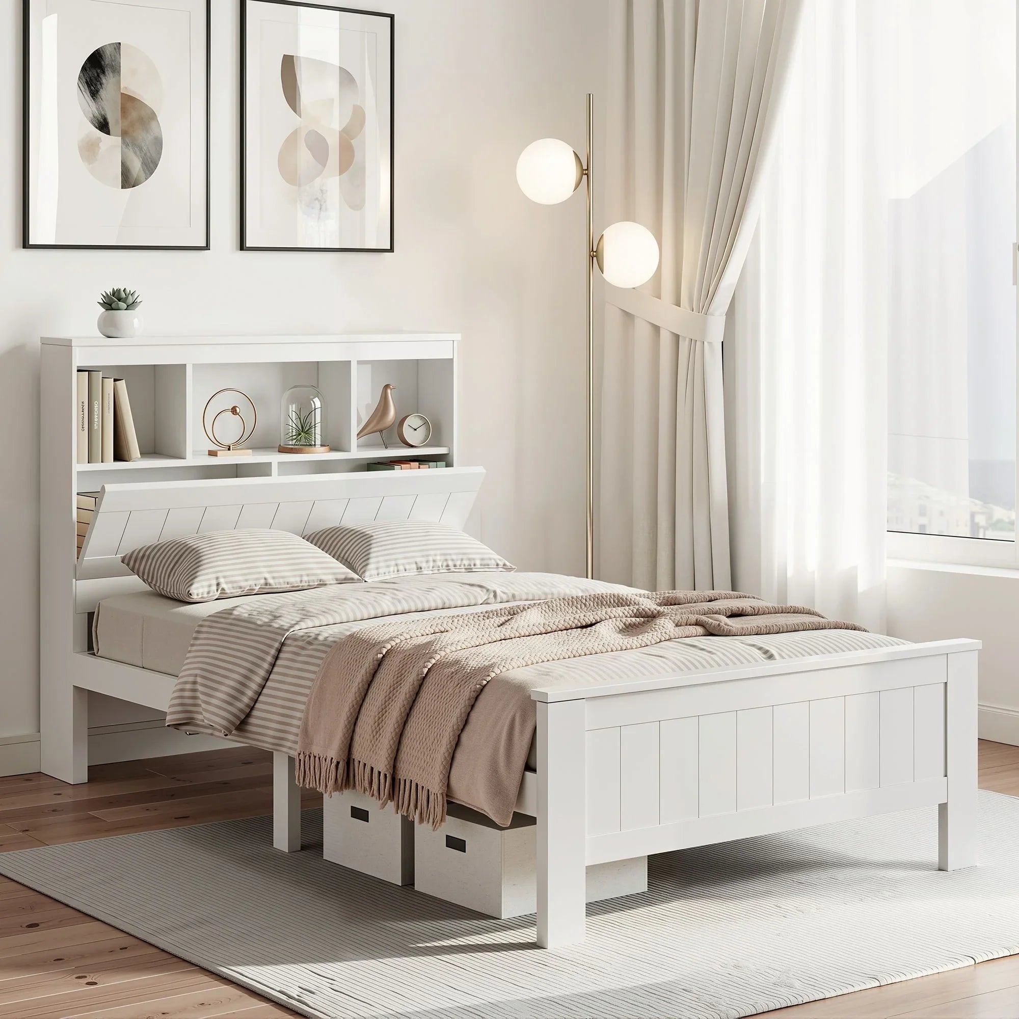 King Single Wooden Bed Frame with Storage Headboard White Pine