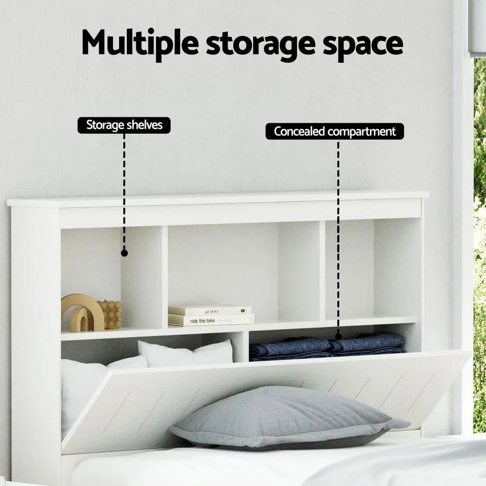 King Single Wooden Bed Frame with Storage Headboard White Pine