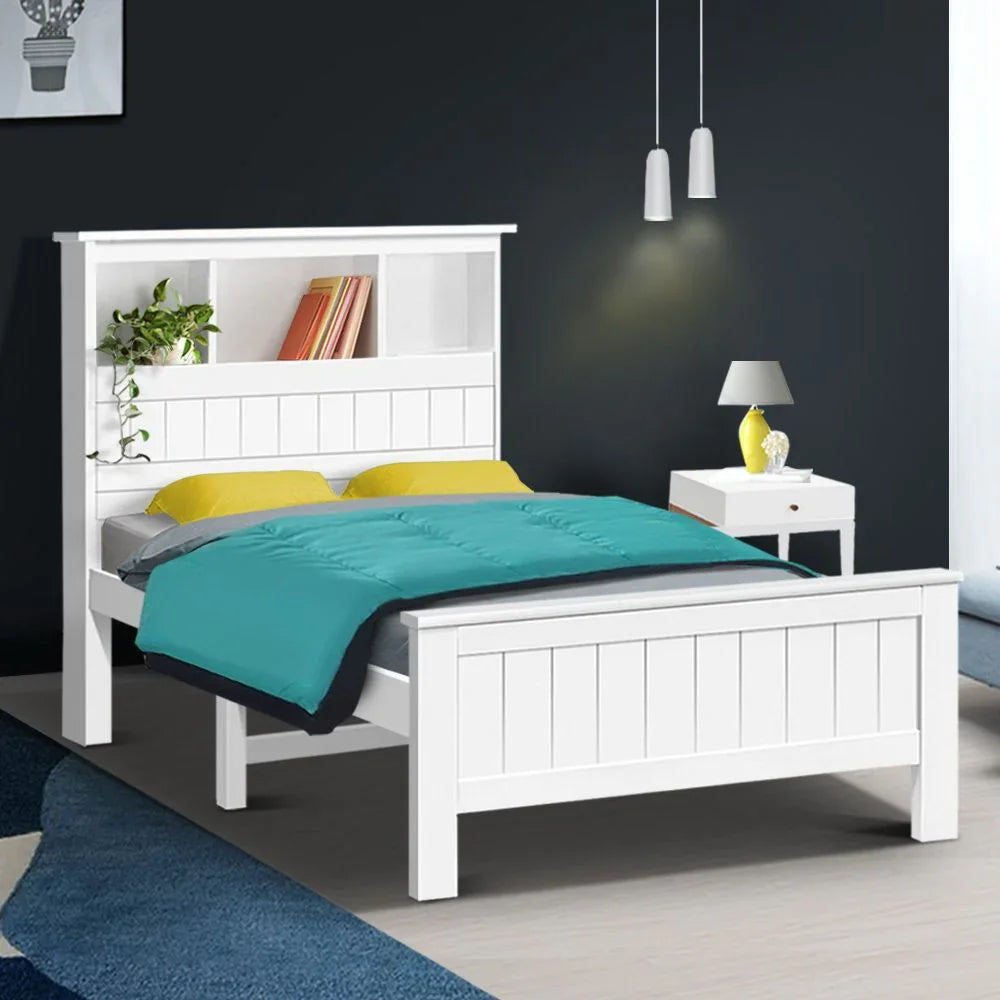 Artiss King Single Wooden Bed Frame with Storage Headboard White Pine