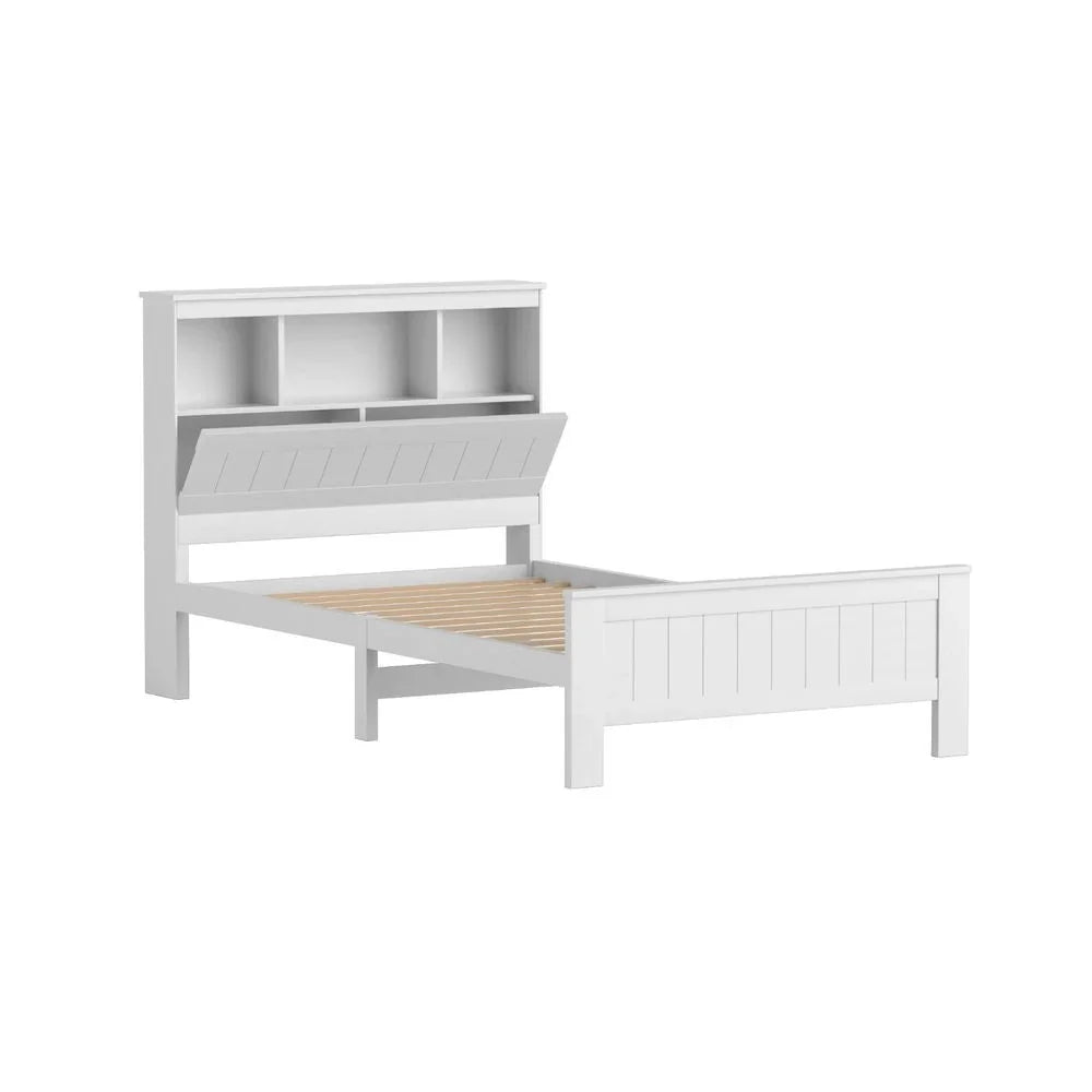 Artiss King Single Wooden Bed Frame with Storage Headboard White Pine