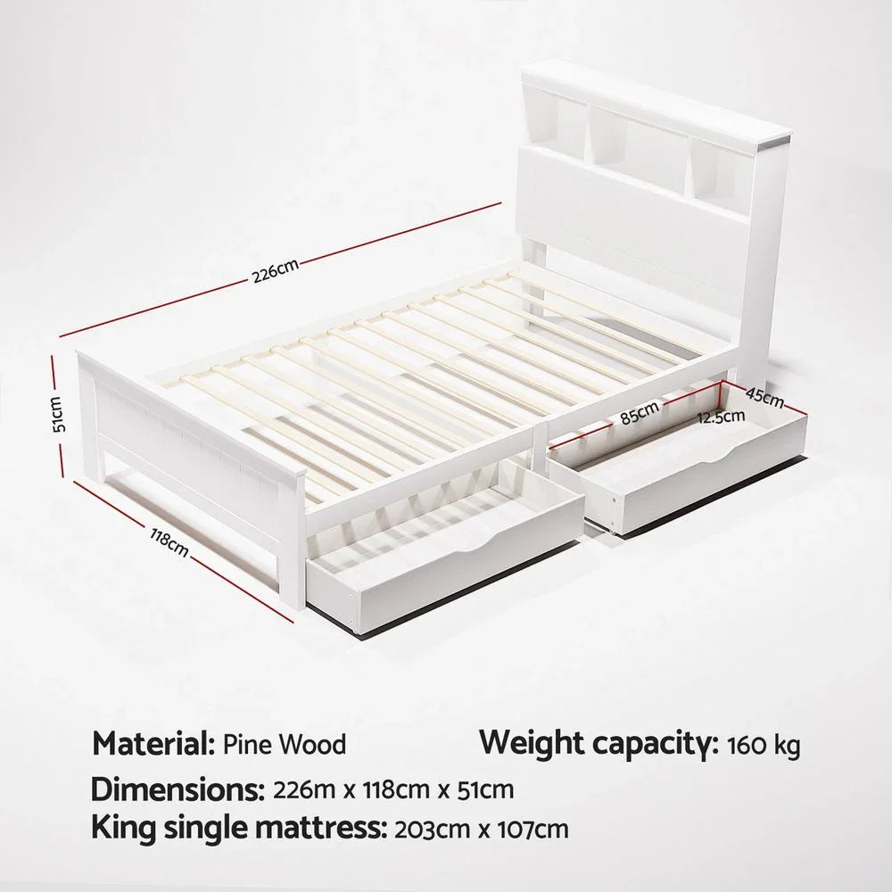 Bed Frame King Single Size Wooden with 2 Storage Drawers White