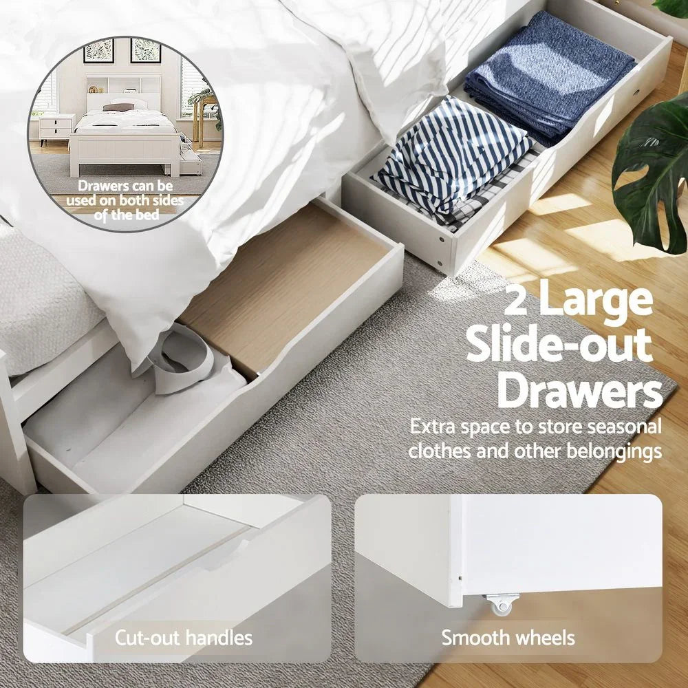Bed Frame King Single Size Wooden with 2 Storage Drawers White