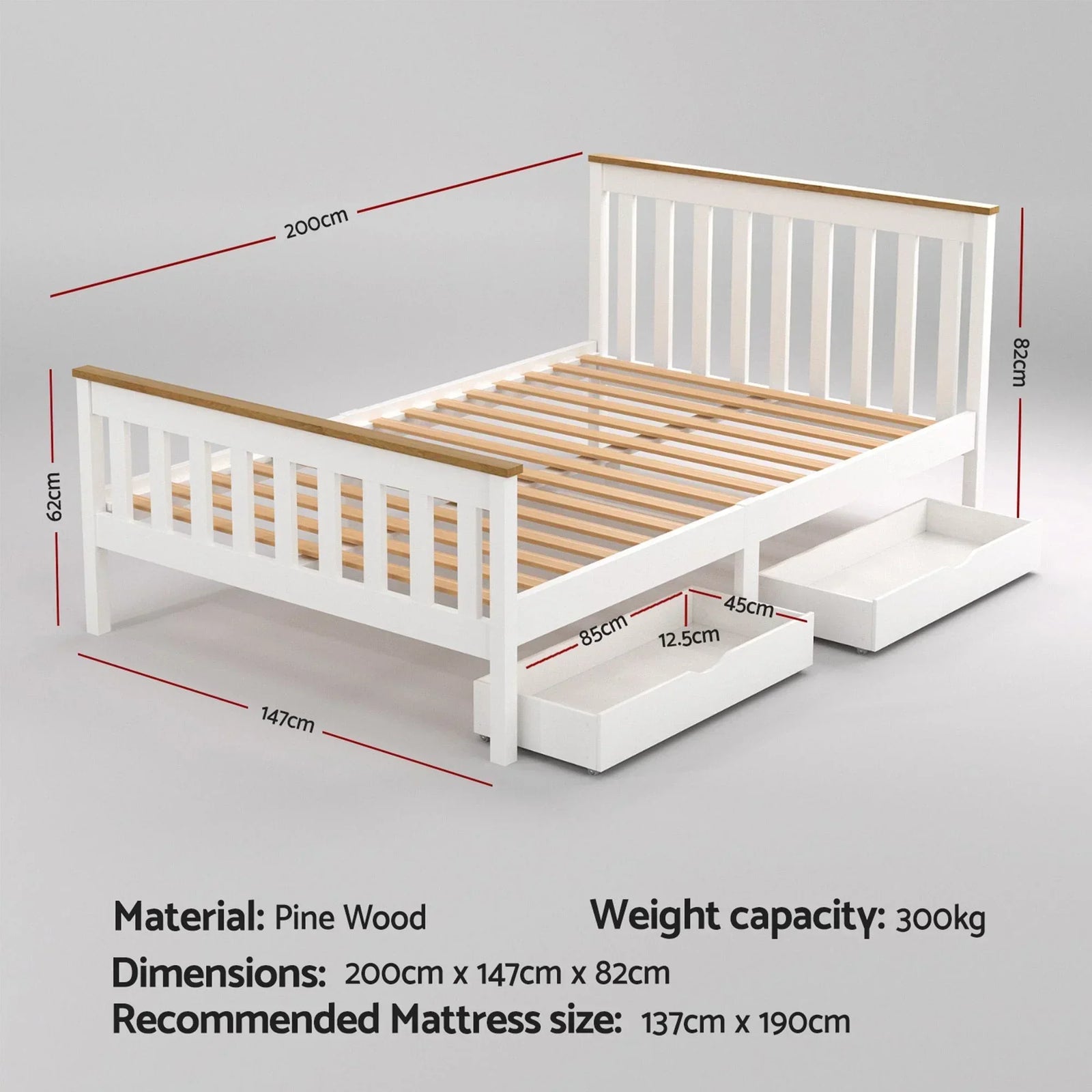 Artiss Bed Frame Double Size Wooden Platform with 2 Storage Drawers White PONY