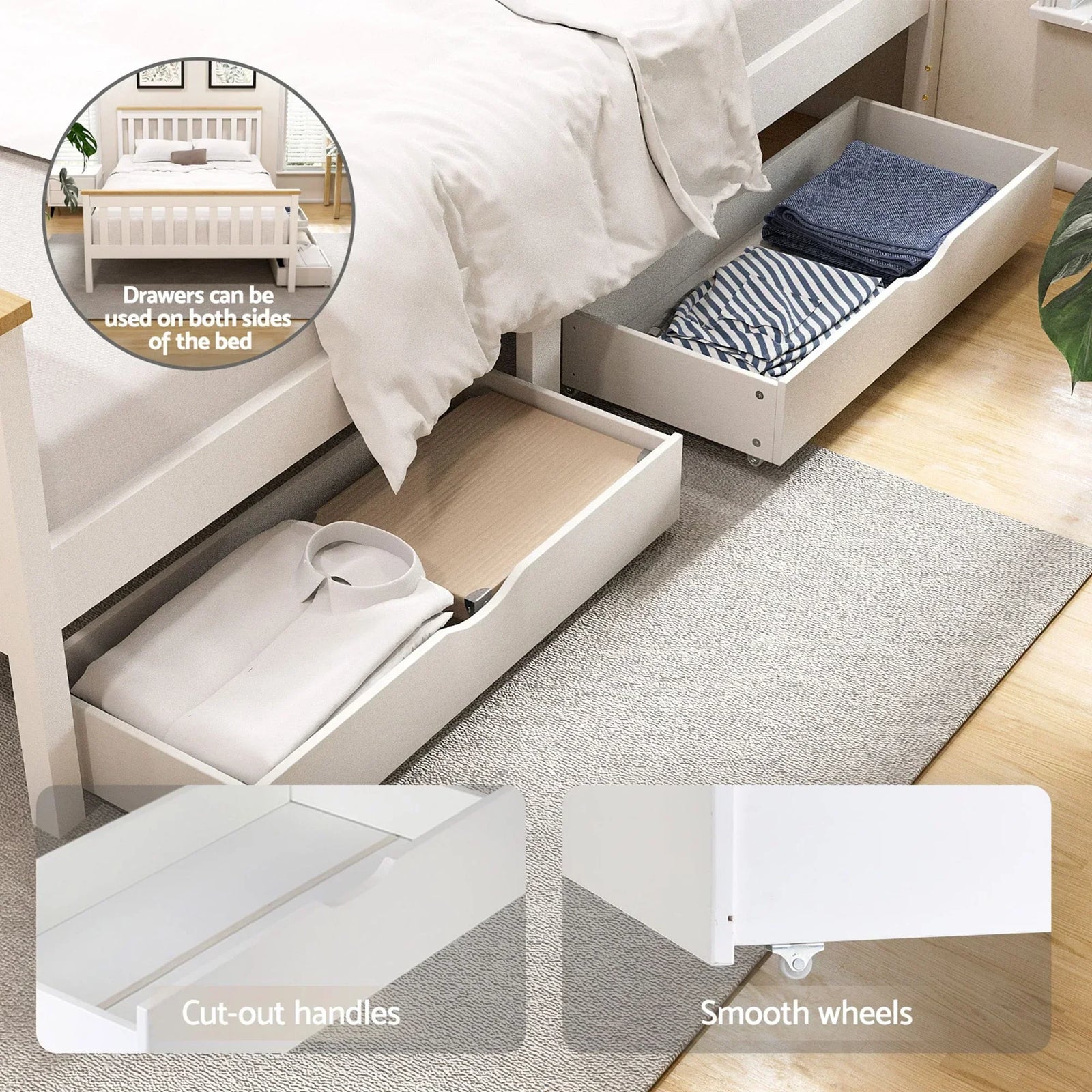 Artiss Bed Frame Double Size Wooden Platform with 2 Storage Drawers White PONY