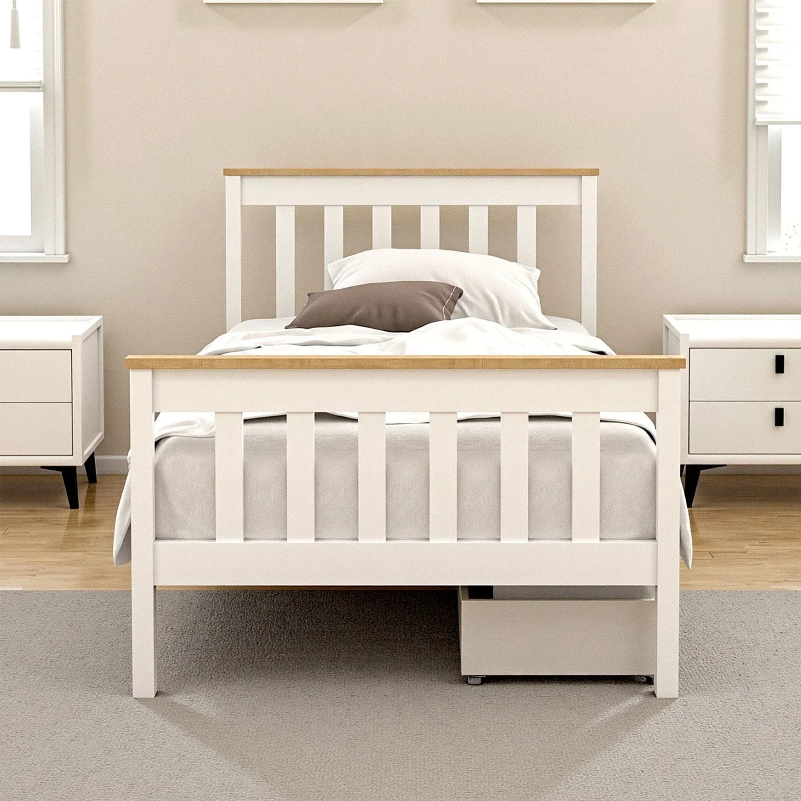 Artiss Bed Frame Single Size Wooden Platform with 2 Storage Drawers White PONY