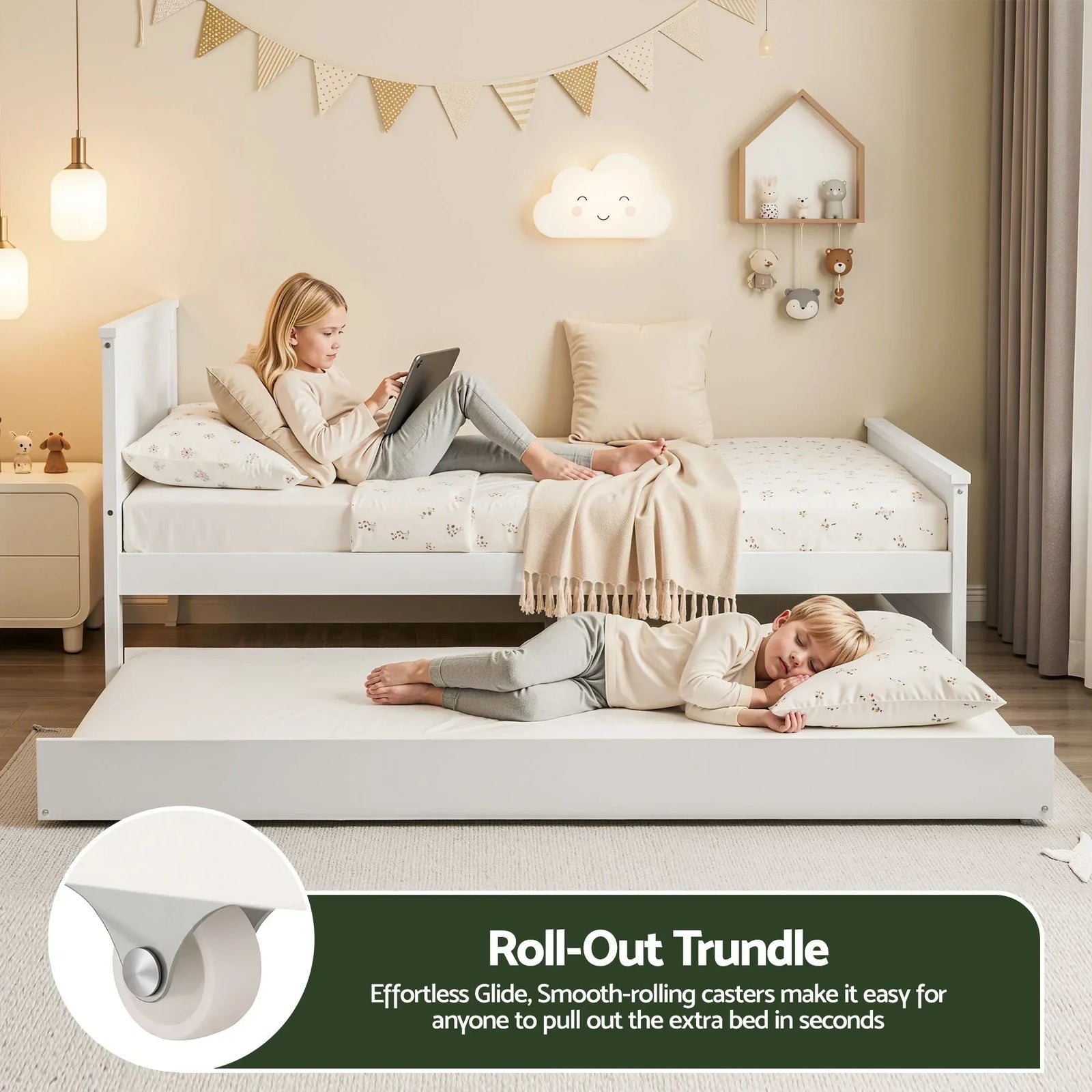 Single Bed Frame with Trundle Solid Wood Toddler Bunk Bed with Headboard White