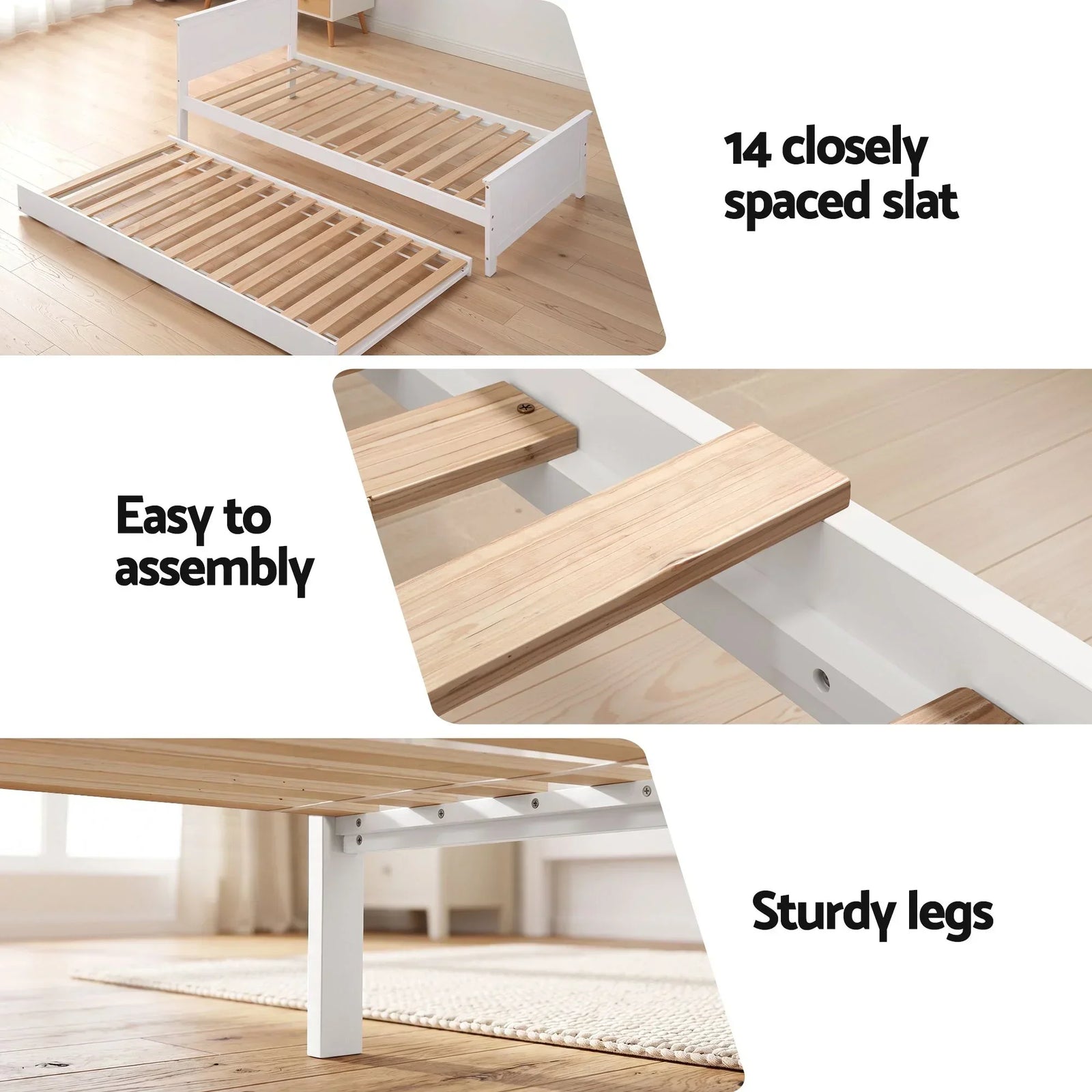 Single Bed Frame with Trundle Solid Wood Toddler Bunk Bed with Headboard White