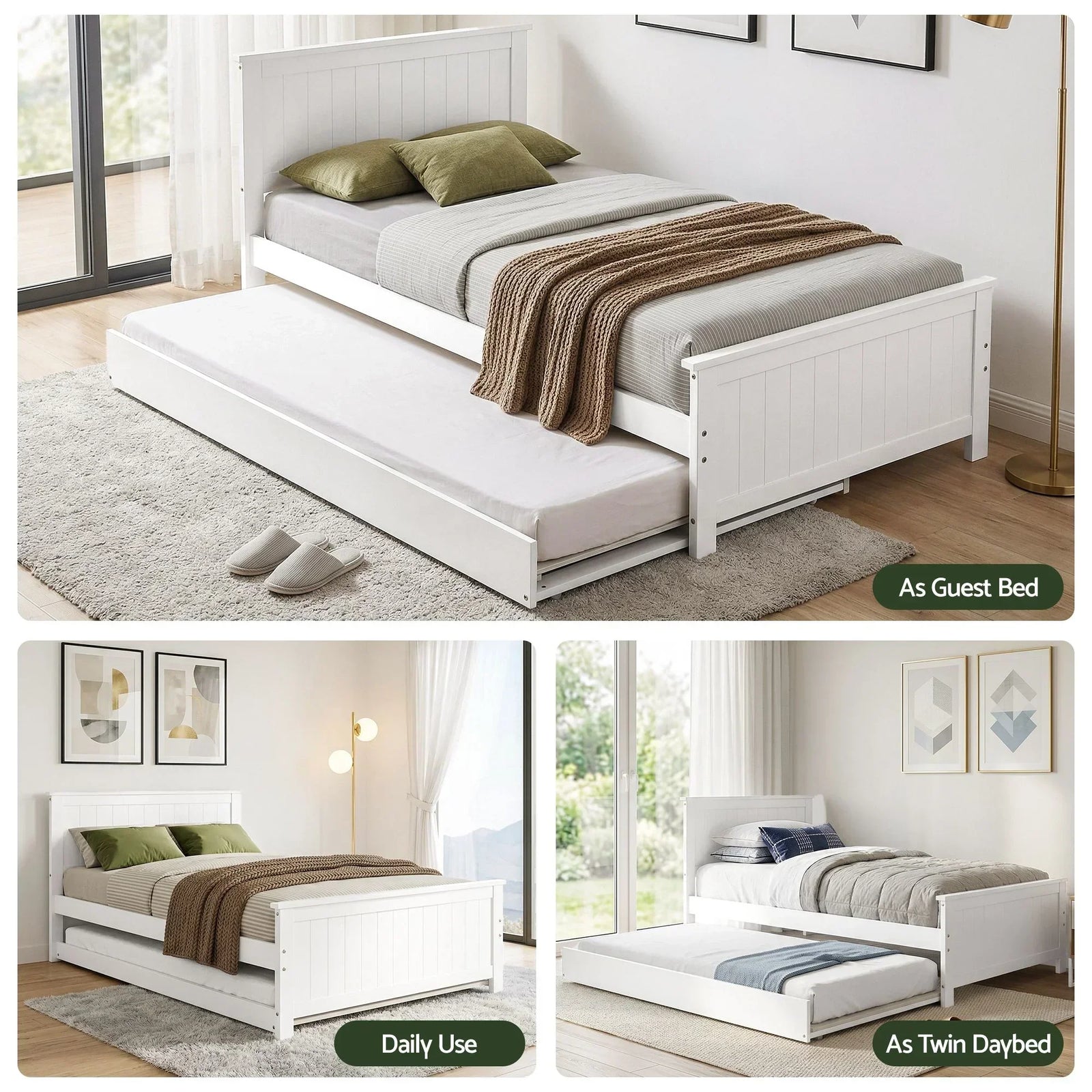 Single Bed Frame with Trundle Solid Wood Toddler Bunk Bed with Headboard White