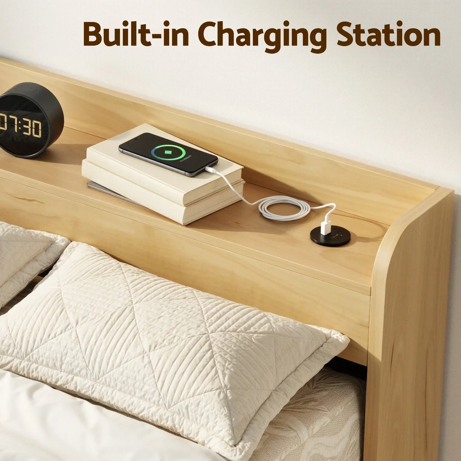 Artiss King Single Bed Frame with 2 Drawers Platform Bed with Headboard Bed Base with USB Ports Natural