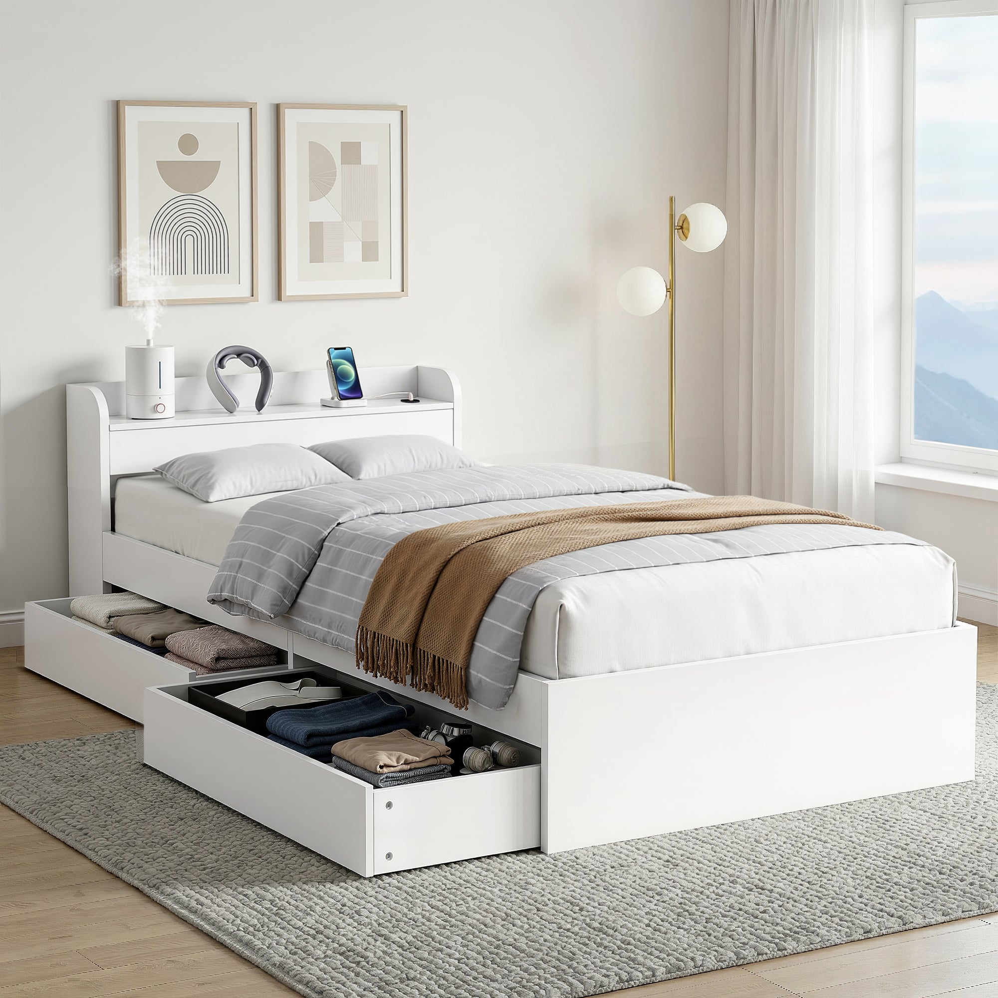 Bed Frame Single Size with Charging Ports and 2 Drawers AURA
