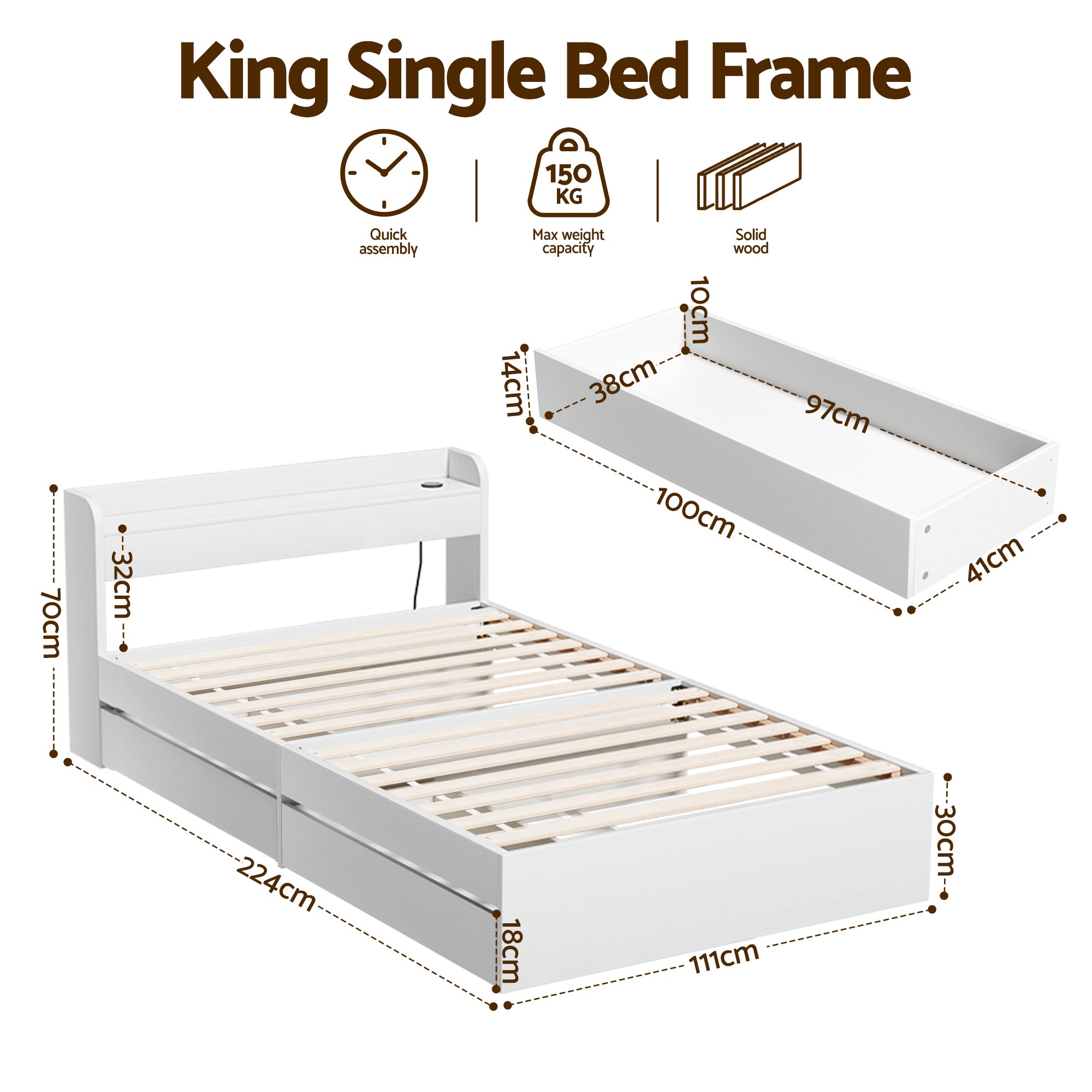 Bed Frame Single Size with Charging Ports and 2 Drawers AURA