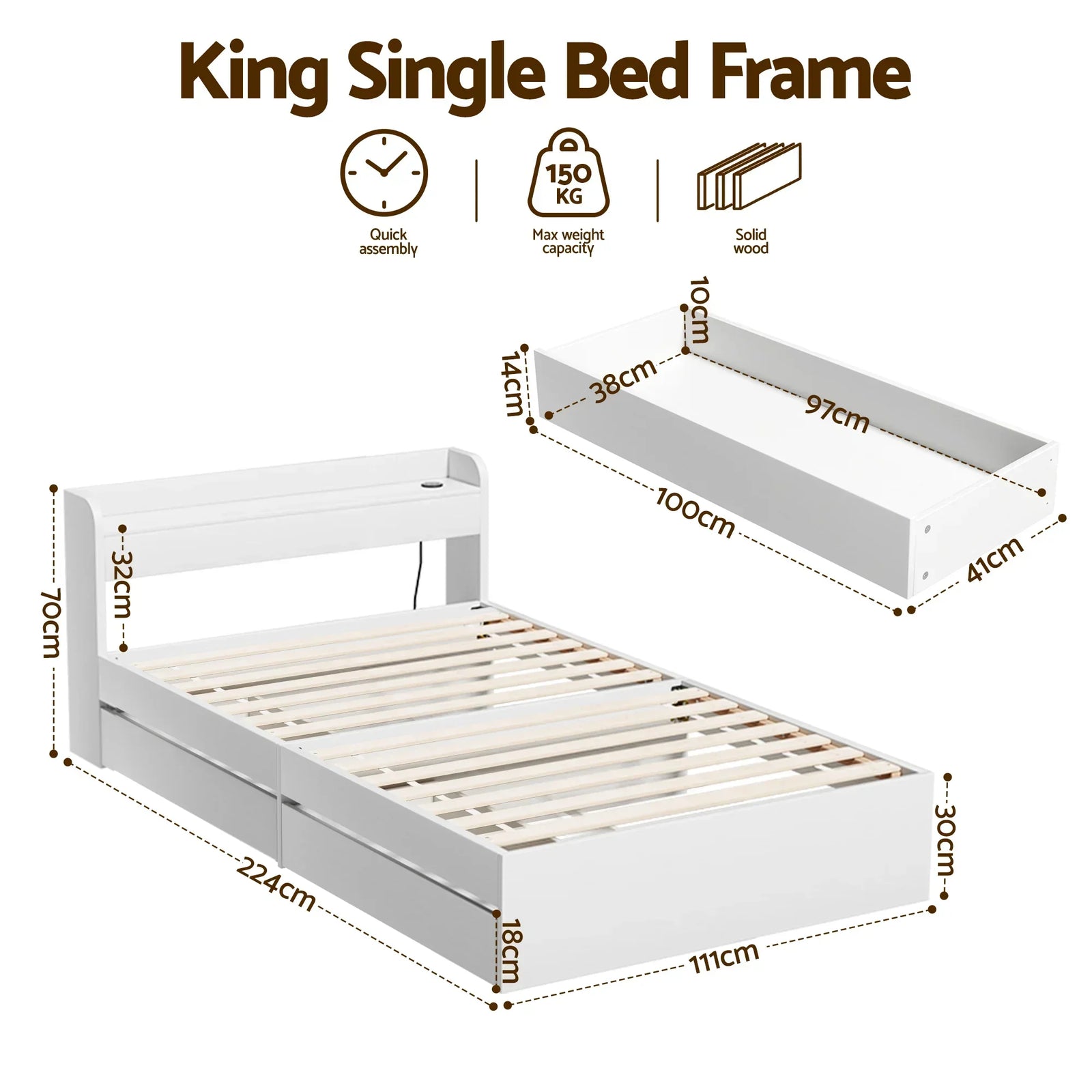 Bed Frame King Single Size with Charging Ports and 2 Drawers AURA