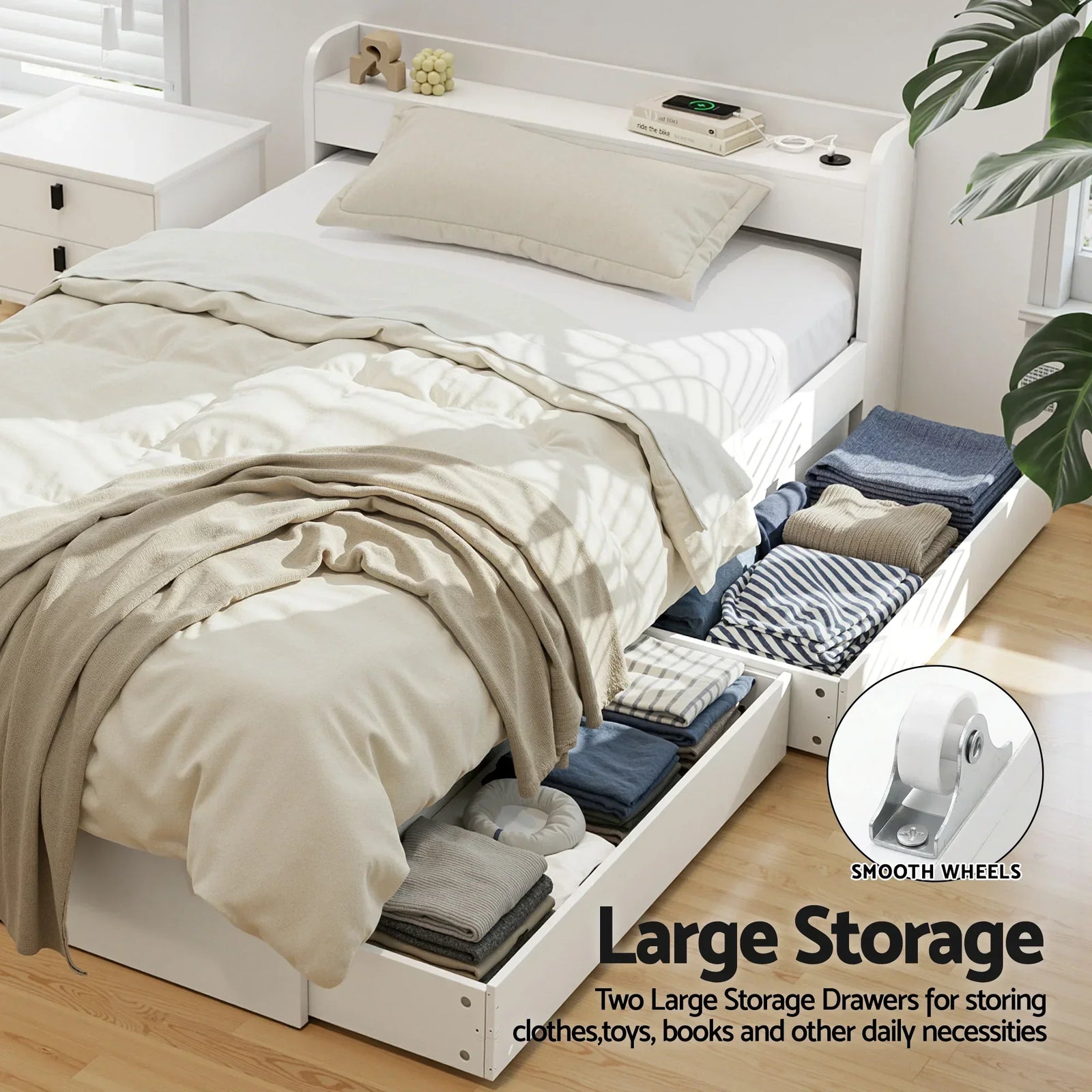 Bed Frame King Single Size with Charging Ports and 2 Drawers AURA