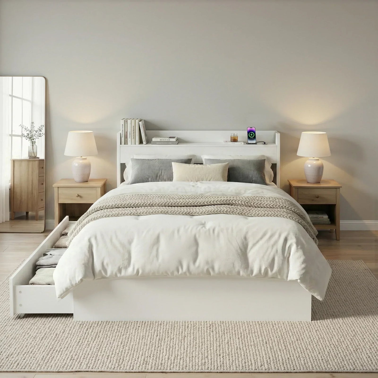 Bed Frame King Single Size with Charging Ports and 2 Drawers AURA
