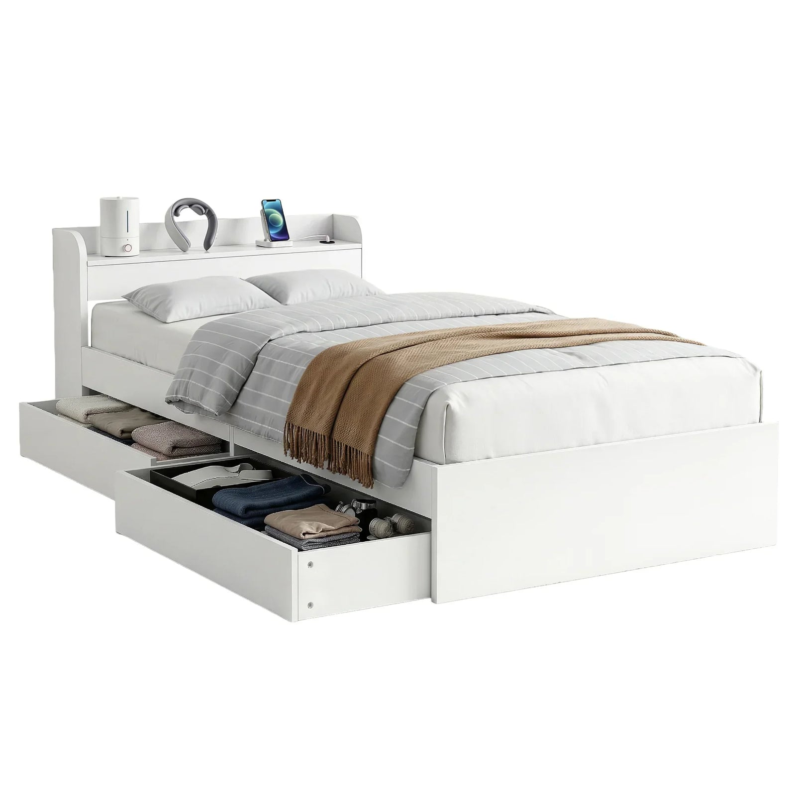 Bed Frame King Single Size with Charging Ports and 2 Drawers AURA