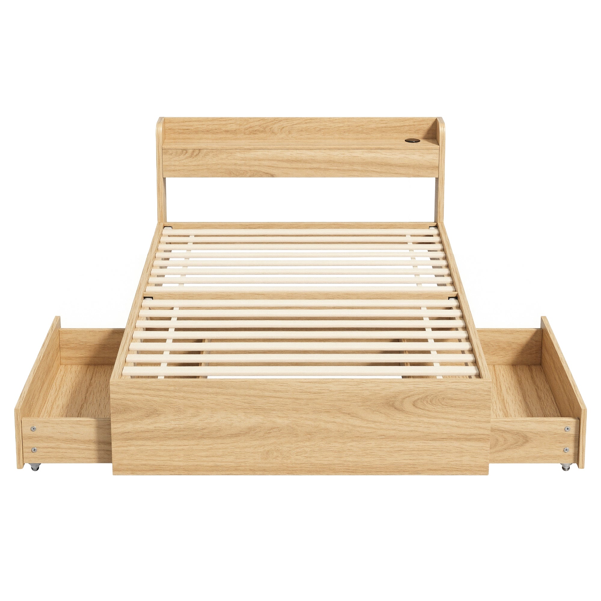 Single Bed Frame with 2 Storage Drawers Platform Bed Base with USB Ports Sturdy Wooden Slat Support Natural