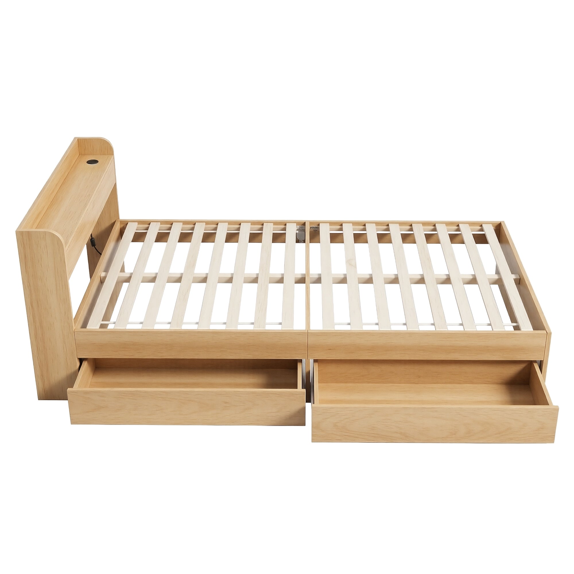 Single Bed Frame with 2 Storage Drawers Platform Bed Base with USB Ports Sturdy Wooden Slat Support Natural