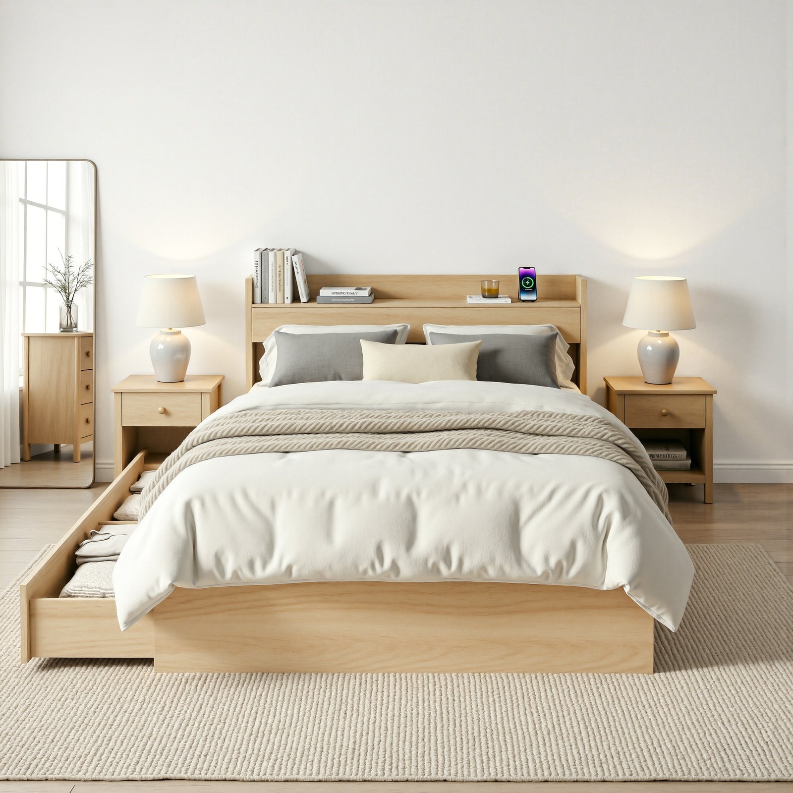 Single Bed Frame with 2 Storage Drawers Platform Bed Base with USB Ports Sturdy Wooden Slat Support Natural