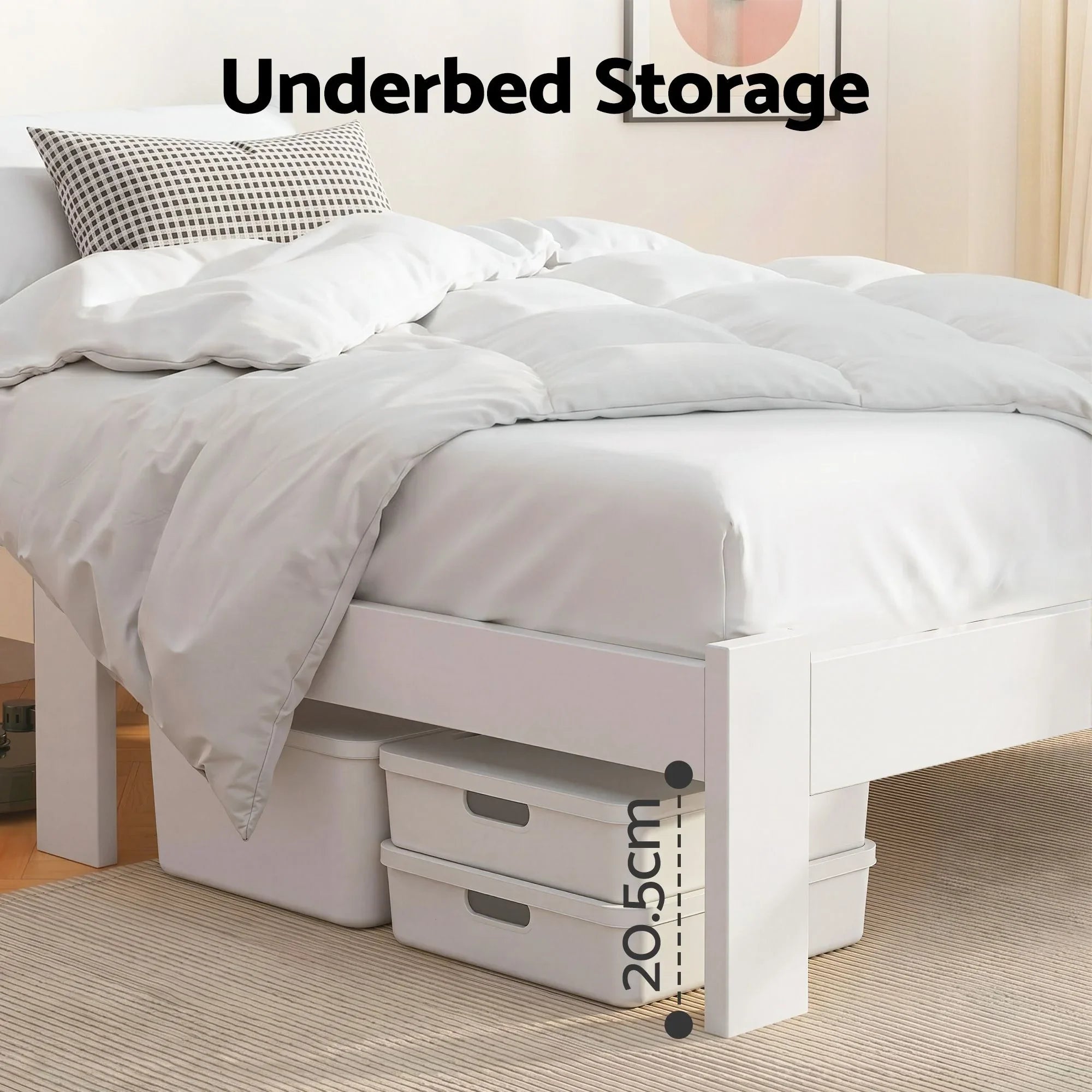 King Single Bed Frame Solid Pine Wood Storage White Slat Base