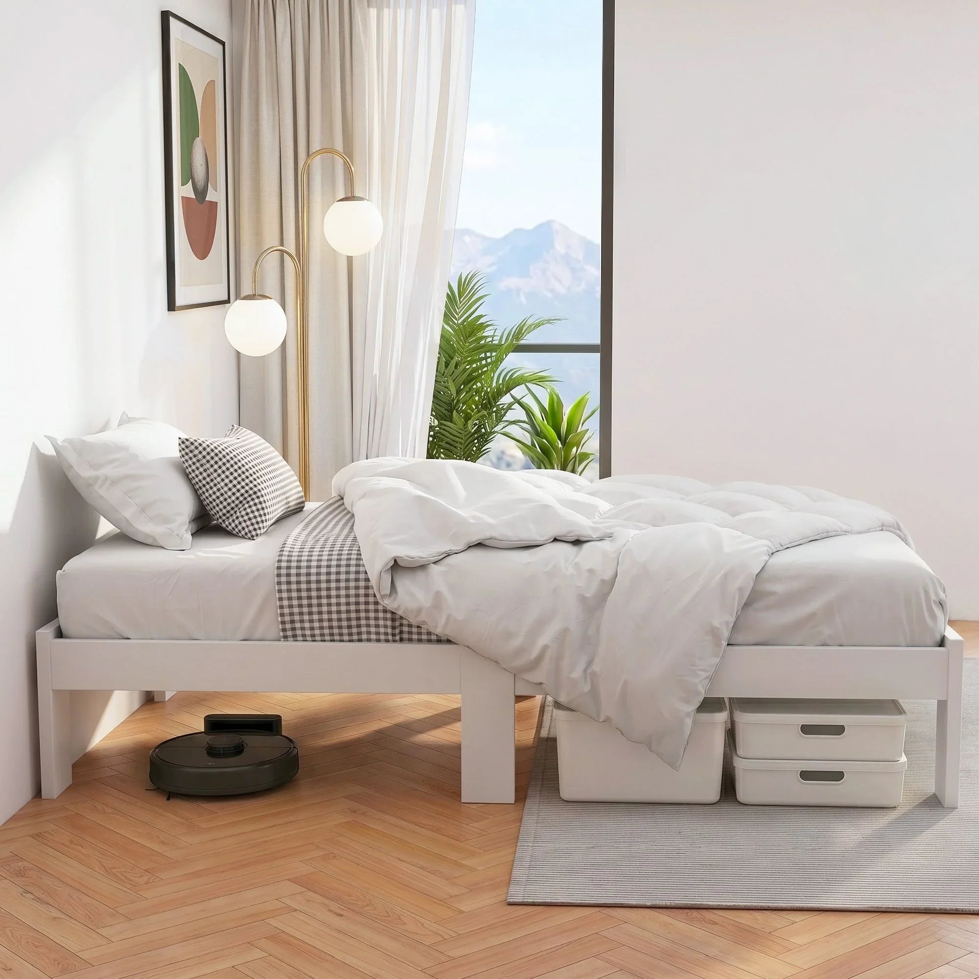 King Single Bed Frame Solid Pine Wood Storage White Slat Base