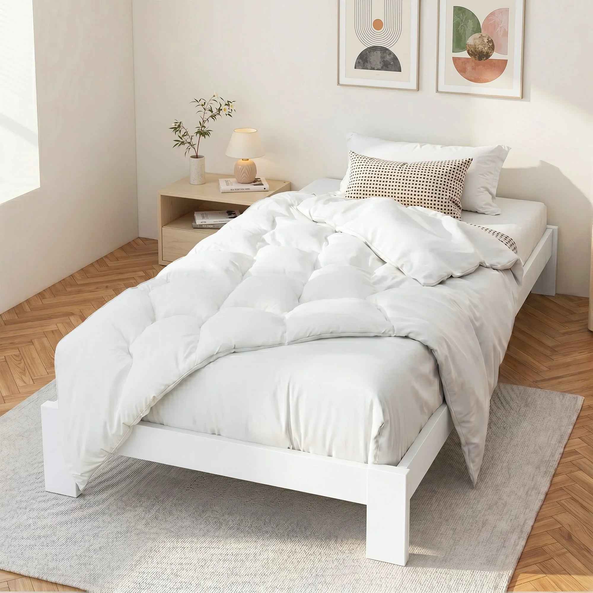 King Single Bed Frame Solid Pine Wood Storage White Slat Base