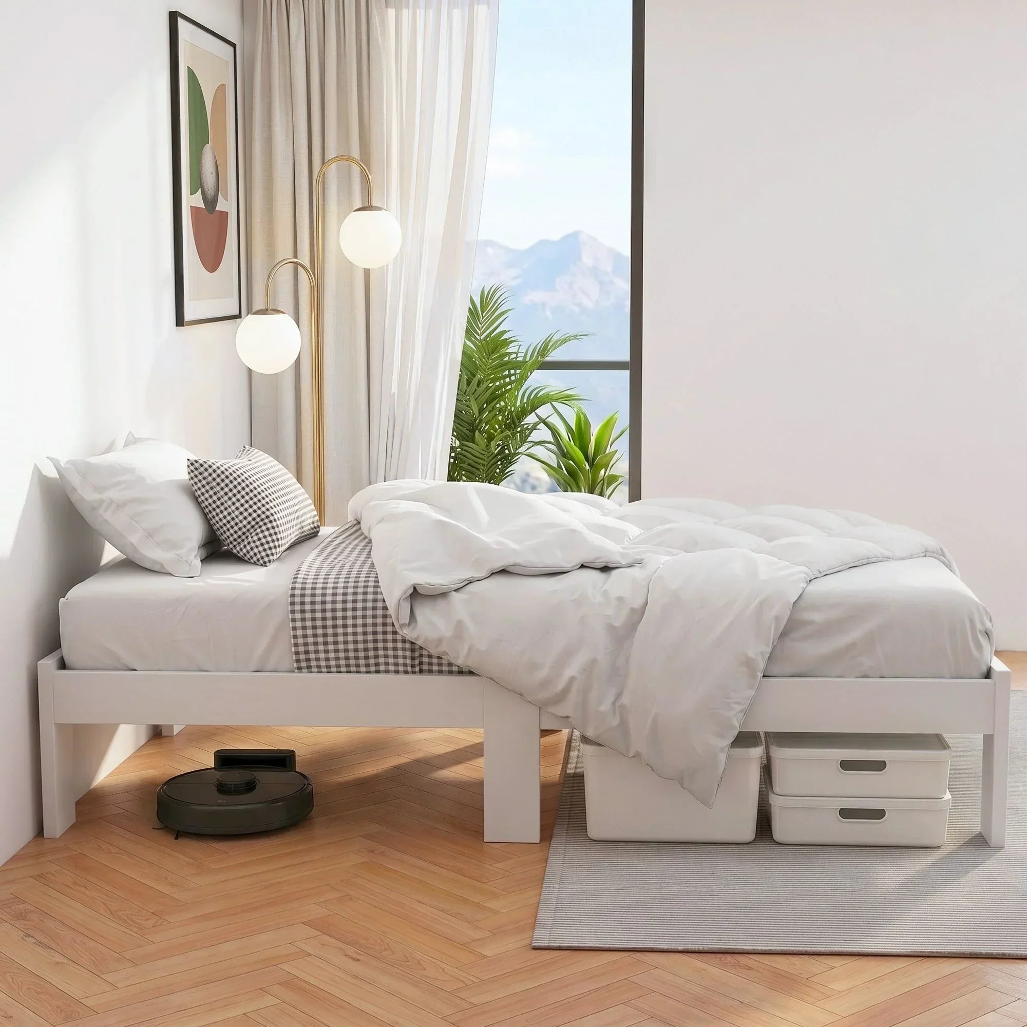 Single Bed Frame Solid Pine Wood Platform Bed White