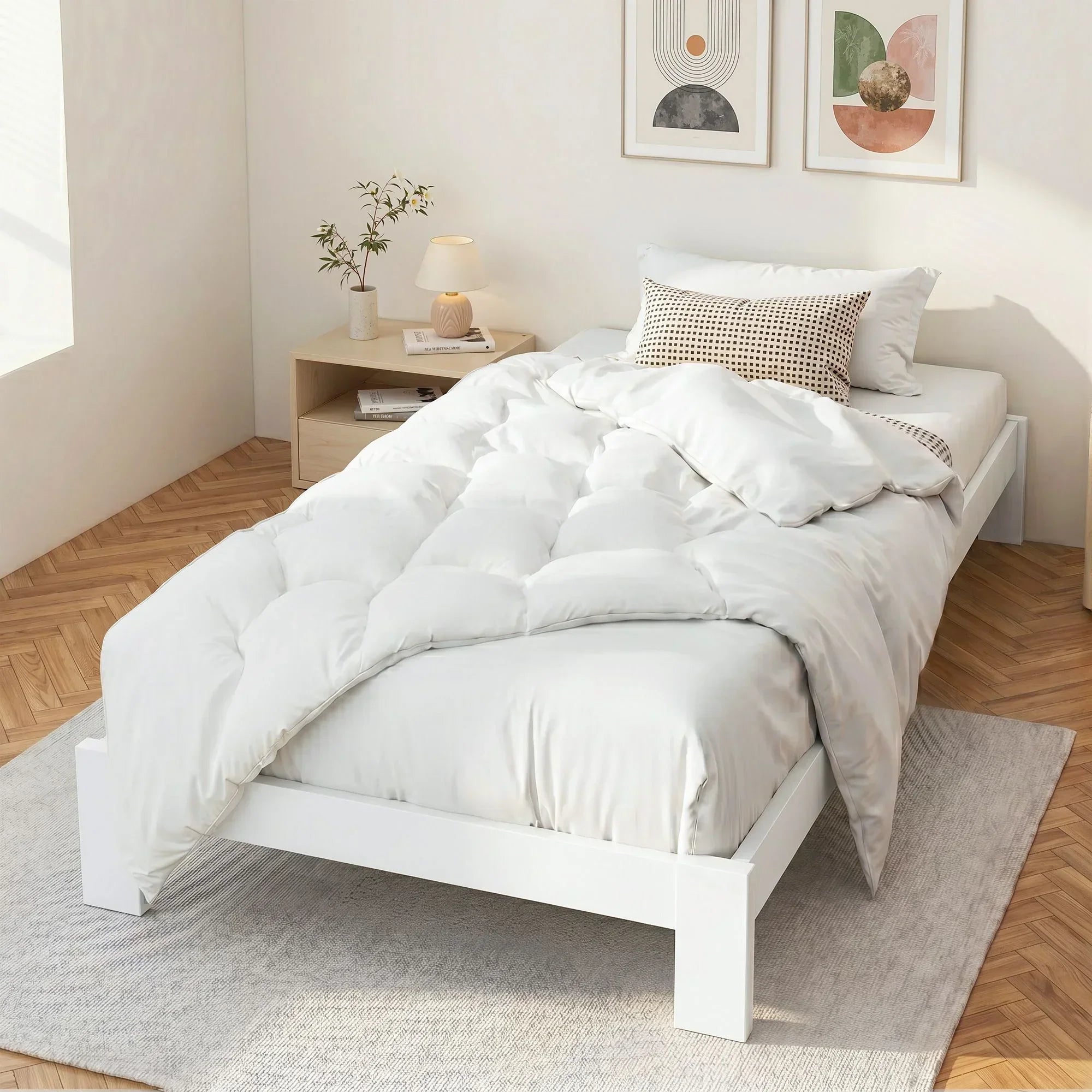 Single Bed Frame Solid Pine Wood Platform Bed White