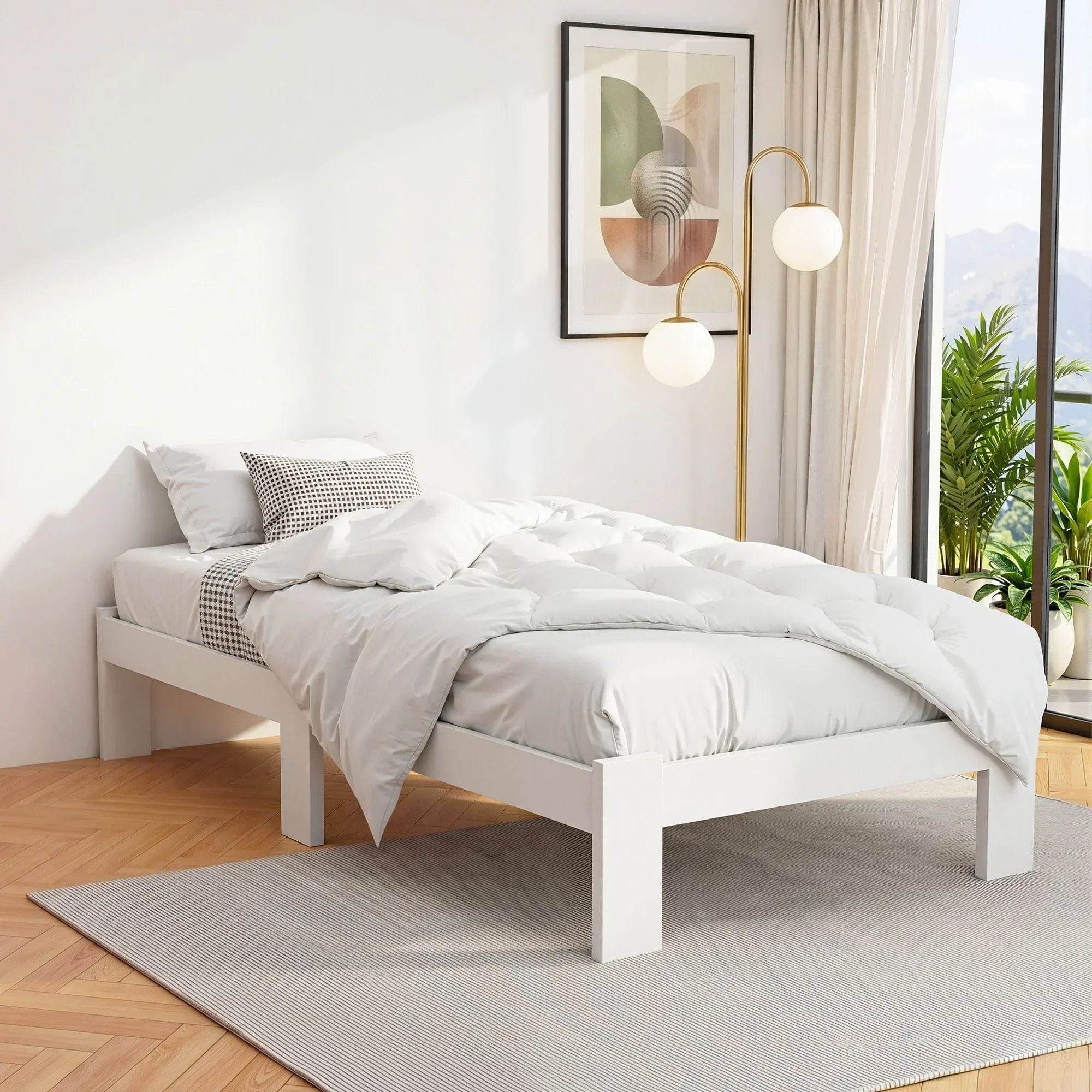 Single Bed Frame Solid Pine Wood Platform Bed White