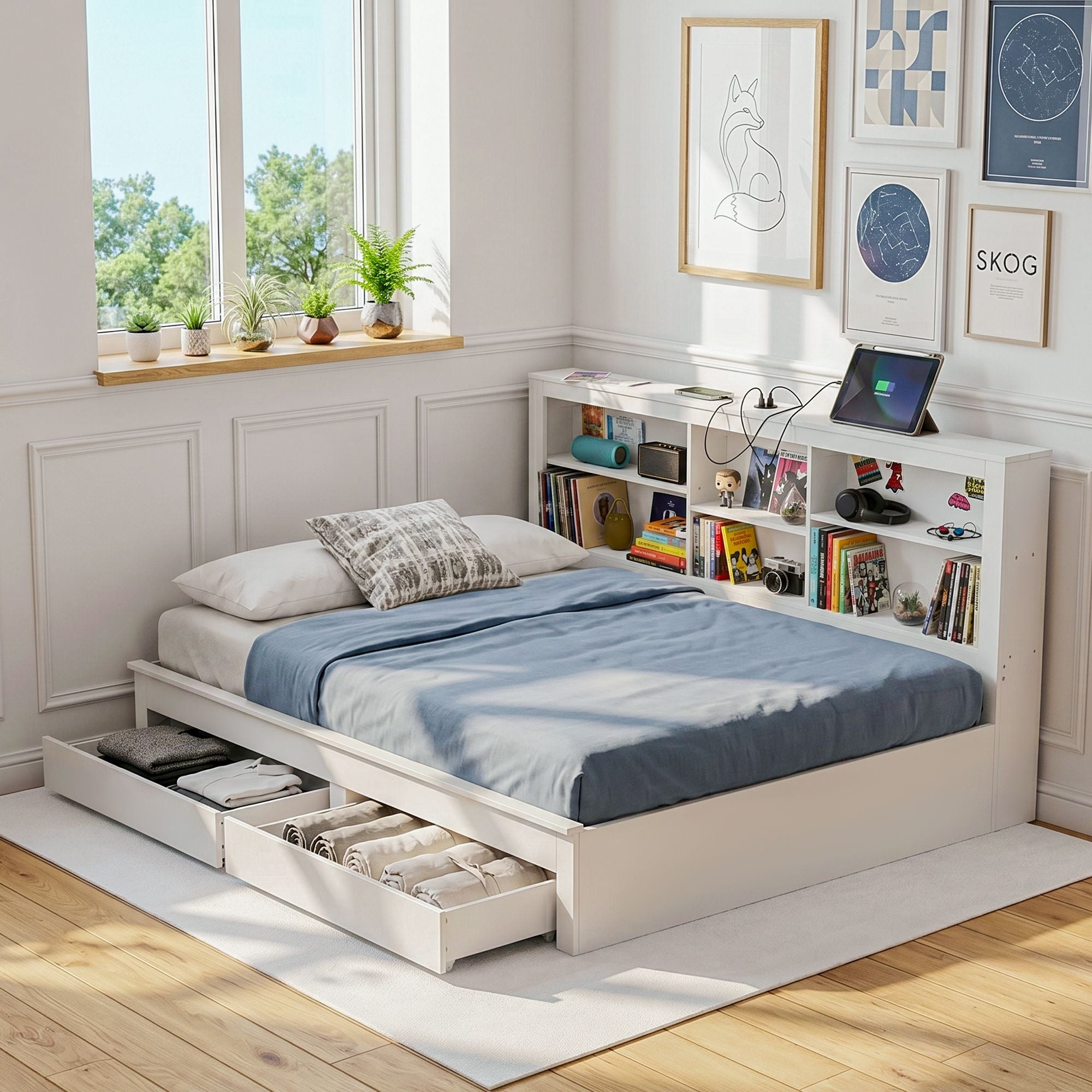 Artiss Double Bed Frame White – Storage Headboard, Charging Station, Drawers