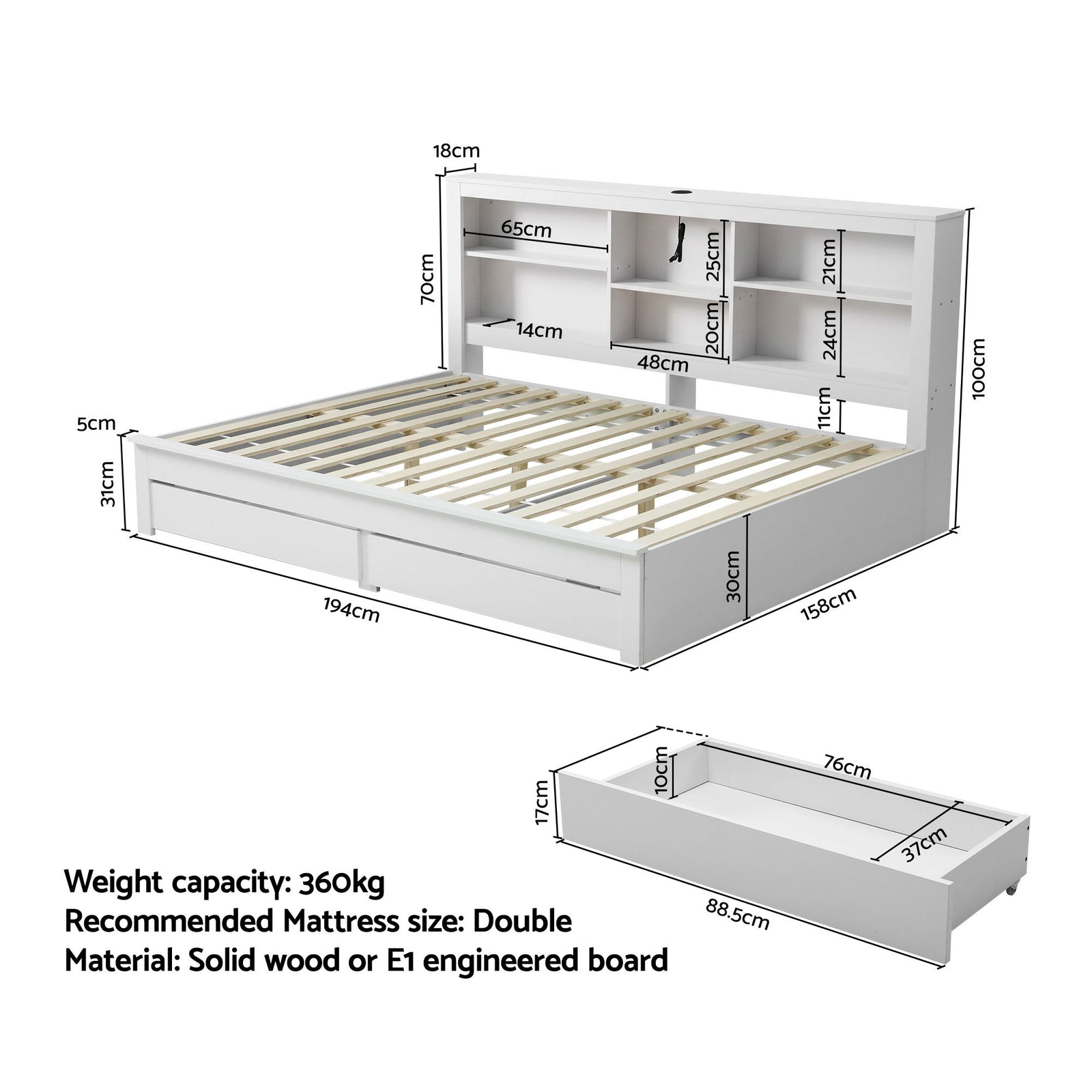 Artiss Double Bed Frame White – Storage Headboard, Charging Station, Drawers