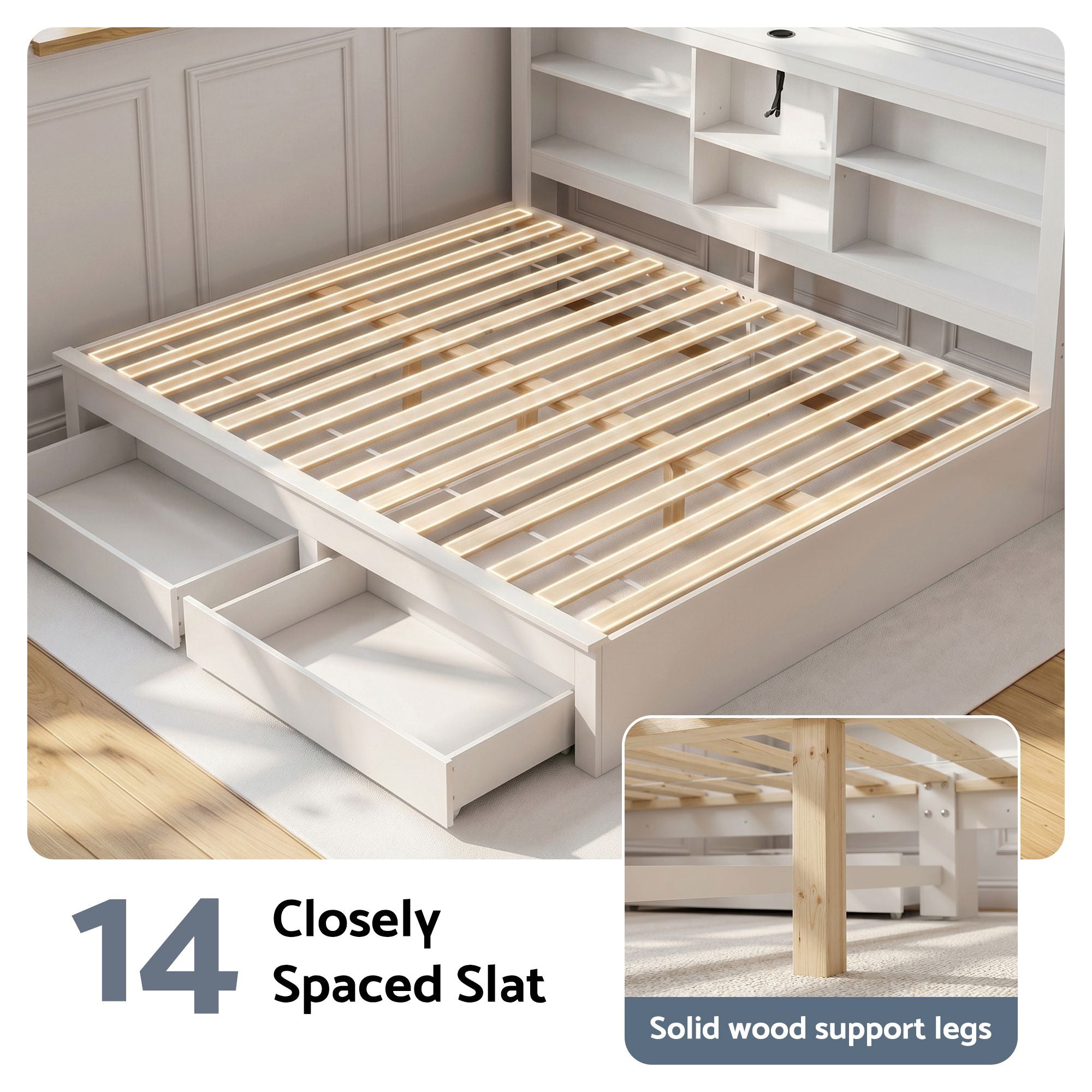 Artiss Double Bed Frame White – Storage Headboard, Charging Station, Drawers