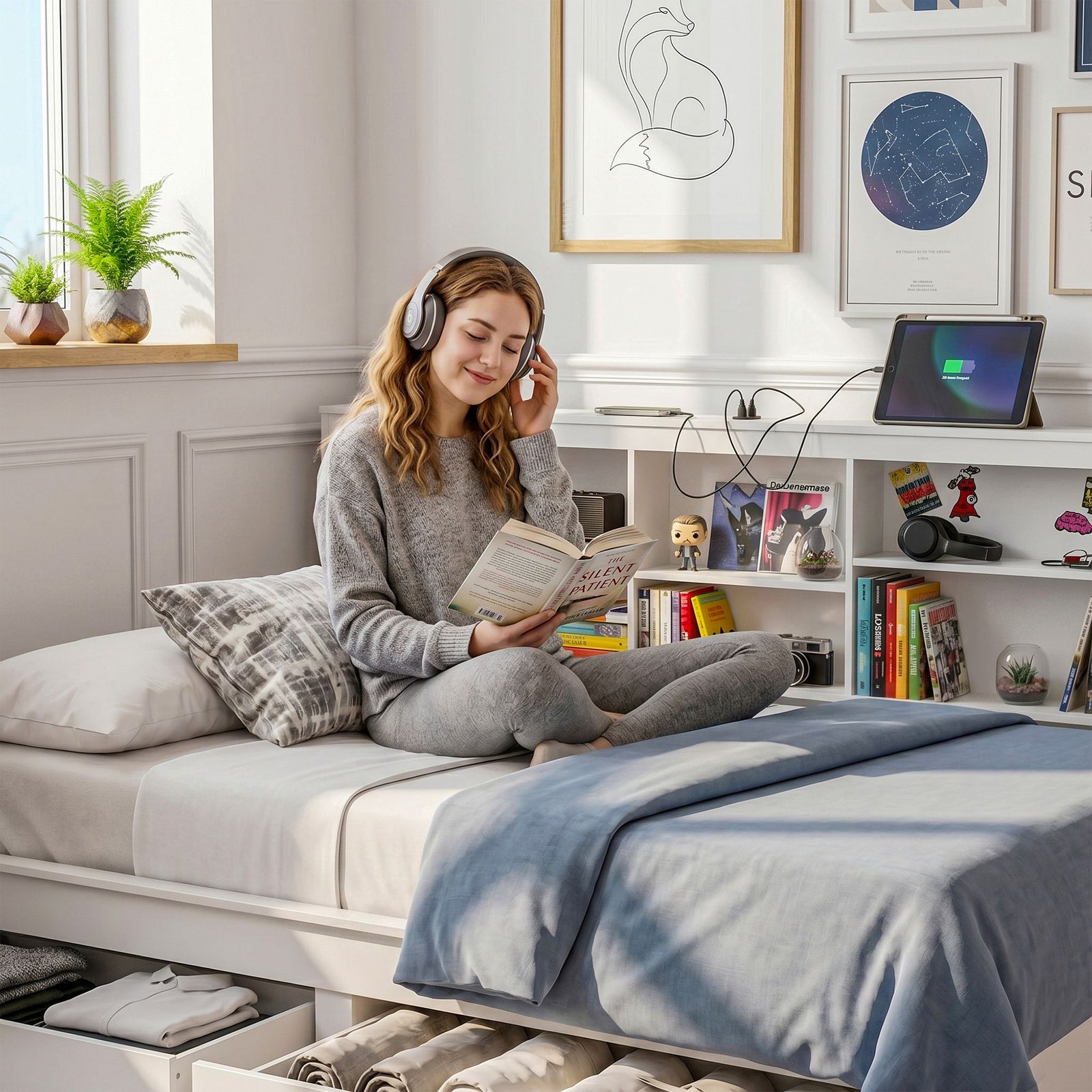 Artiss Double Bed Frame White – Storage Headboard, Charging Station, Drawers