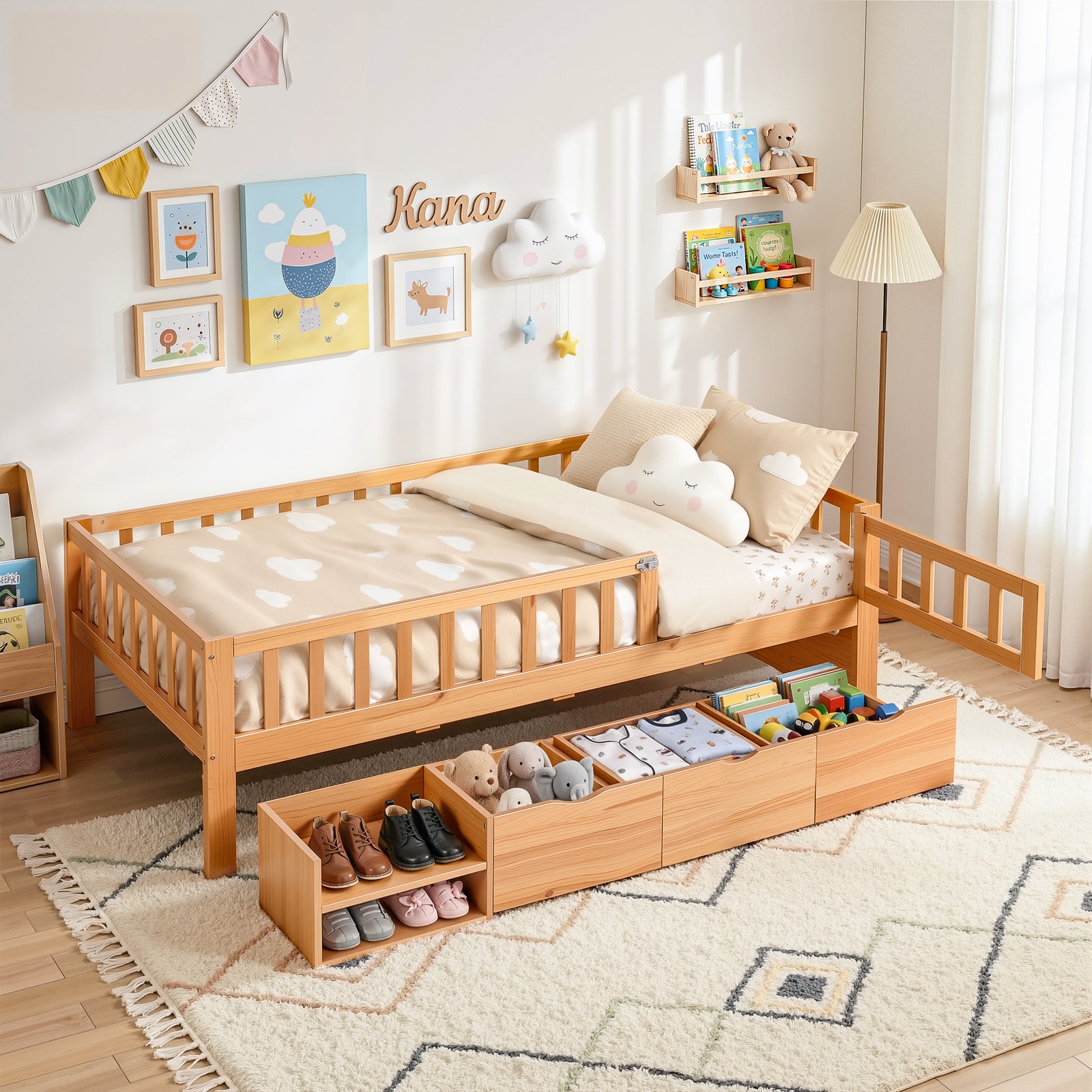 Kids Single Bed Frame with 3 Storage Drawer Montessori Bed for Toddler Natural