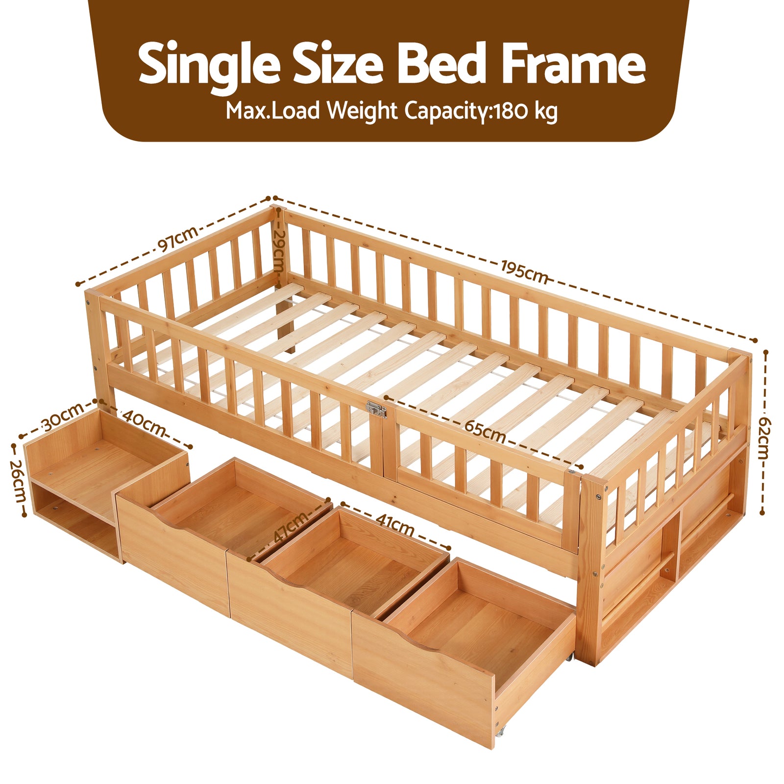 Kids Single Bed Frame with 3 Storage Drawer Montessori Bed for Toddler Natural